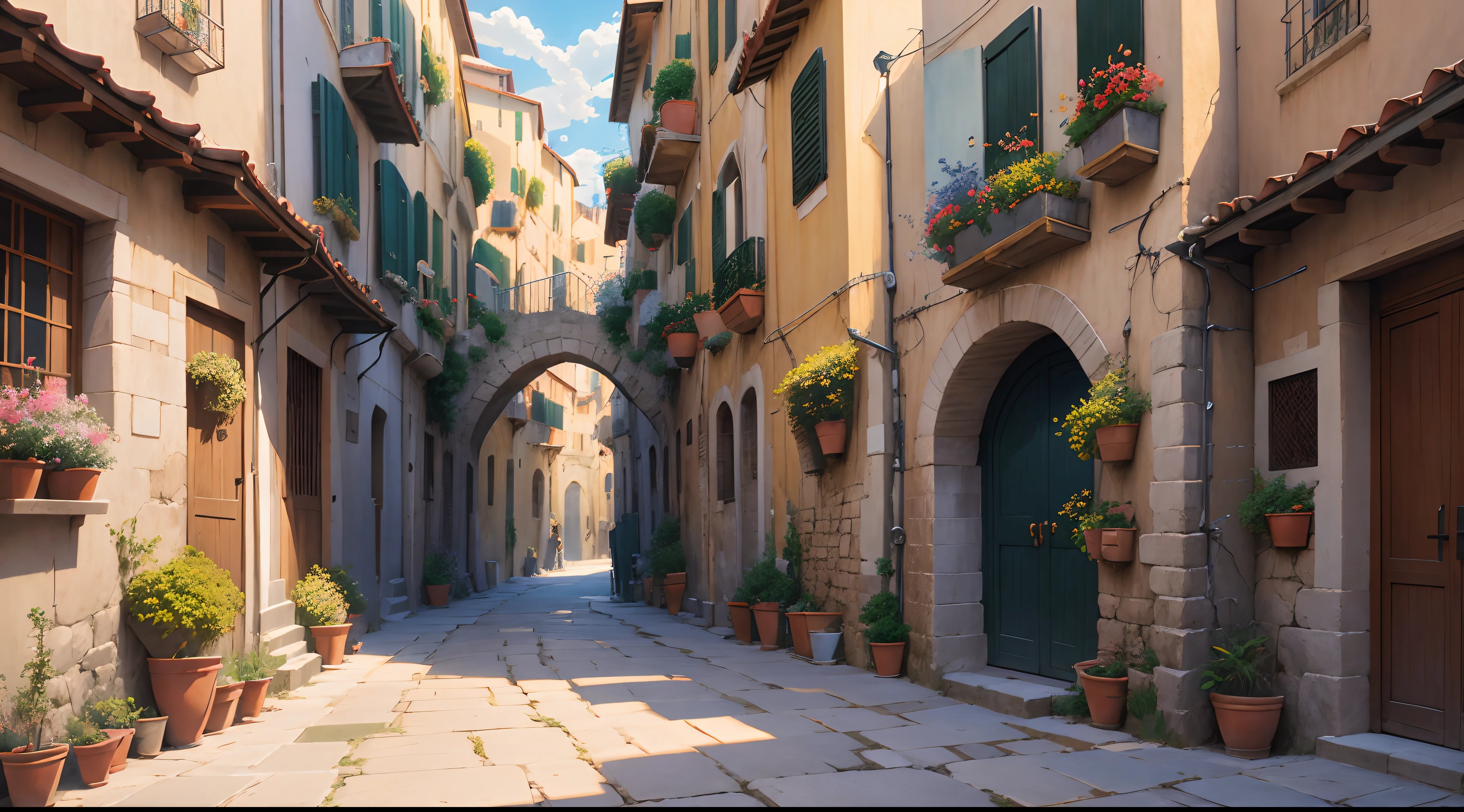 There is a drawing of a narrow street with a bridge, Streets of Italy、Anime Background Art, spanish ghibli alleyway, Anime scenery, Streets of the ancient city, beautiful anime scene, Beautiful anime scenery,, shady alleys, narrow and winding cozy streets, painted in anime painter studio, beautiful digital painting