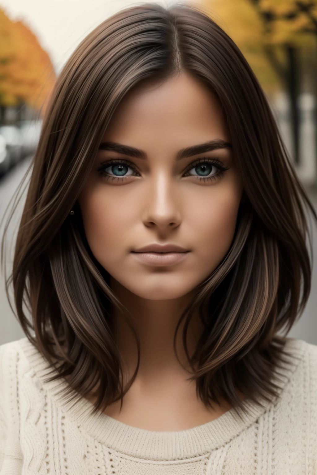 Photographie d'une belle fille, porter un pull d'automne, cheveux longs d'a quote, buste lourd 36DD, Look into the camera, symmetrical eyes, symmetrical face, photorealistic, photographie, Disposition du chemin, specular lighting, Volumetric facial light, chemin des cheveux, Ombres visibles, complexe, elaborate, yeux verts, cheveux courts
