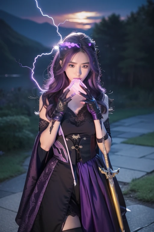Masterpiece, best quality, detail, depth of field, ultra-realistic, realistic face and eyes, realistic skin texture, cinematic lighting, eyes to see the audience. 1 girl, solo, (frown, closed mouth), keqing_\(genshin_impact\), purple_eyes, purple hair, double tail, sharp eyes, serious face, gloves, black stockings, outdoor, purple lightning, fileg, lightning glowing sword, purple lightning, upper body