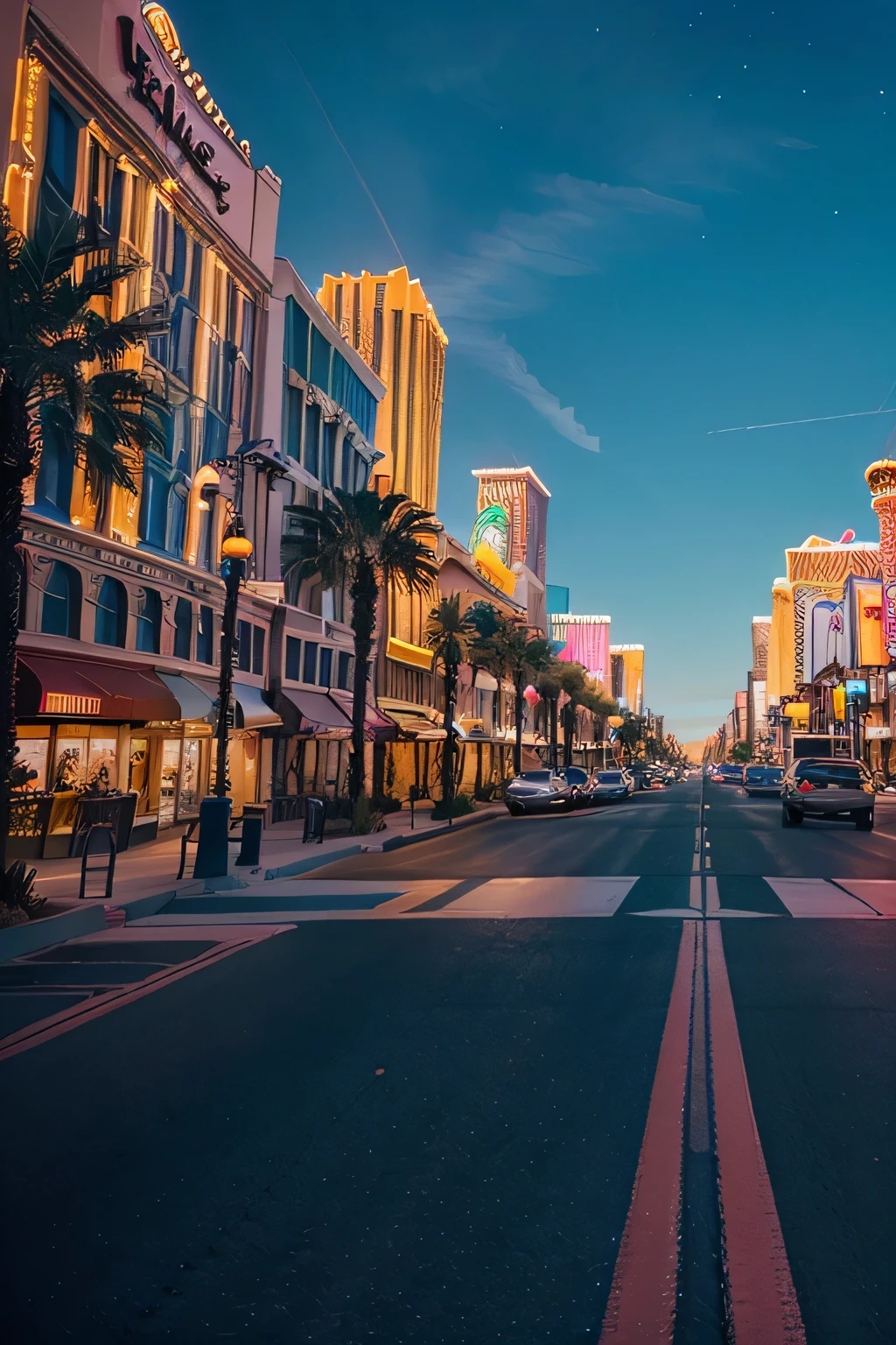 "Embark on a captivating artistic journey to depict the dazzling skyline of Las Vegas bathed in the brilliance of daylight, employing a vibrant spectrum of colors to illuminate its iconic landmarks and bustling energy. Envision the towering hotels and casinos rising majestically against the desert horizon, their facades adorned with a kaleidoscope of lights and hues. Capture the vibrant atmosphere of the Las Vegas Strip, alive with bustling crowds, extravagant architecture, and dynamic signage. Incorporate the vast expanse of the Nevada sky, painted in shades of azure and cerulean, serving as a breathtaking backdrop to the city's electric energy. Let your brushstrokes convey the pulsating rhythm and larger-than-life allure of Las Vegas in the full light of day, inviting viewers to immerse themselves in its vibrant and captivating essence."