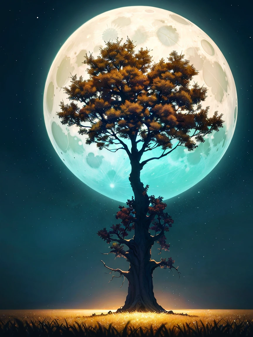 a tree in the middle of a field with a full moon in the background, a digital painting by Christopher Balaskas, trending on cgsociety, fantasy art, fantasy tree, a beautiful tree, magical tree, cgsociety 4k”, [ trending on cgsociety ]!!, gorgeous art, rending on cgsociety, trending on cgsociety art, very beautiful digital art