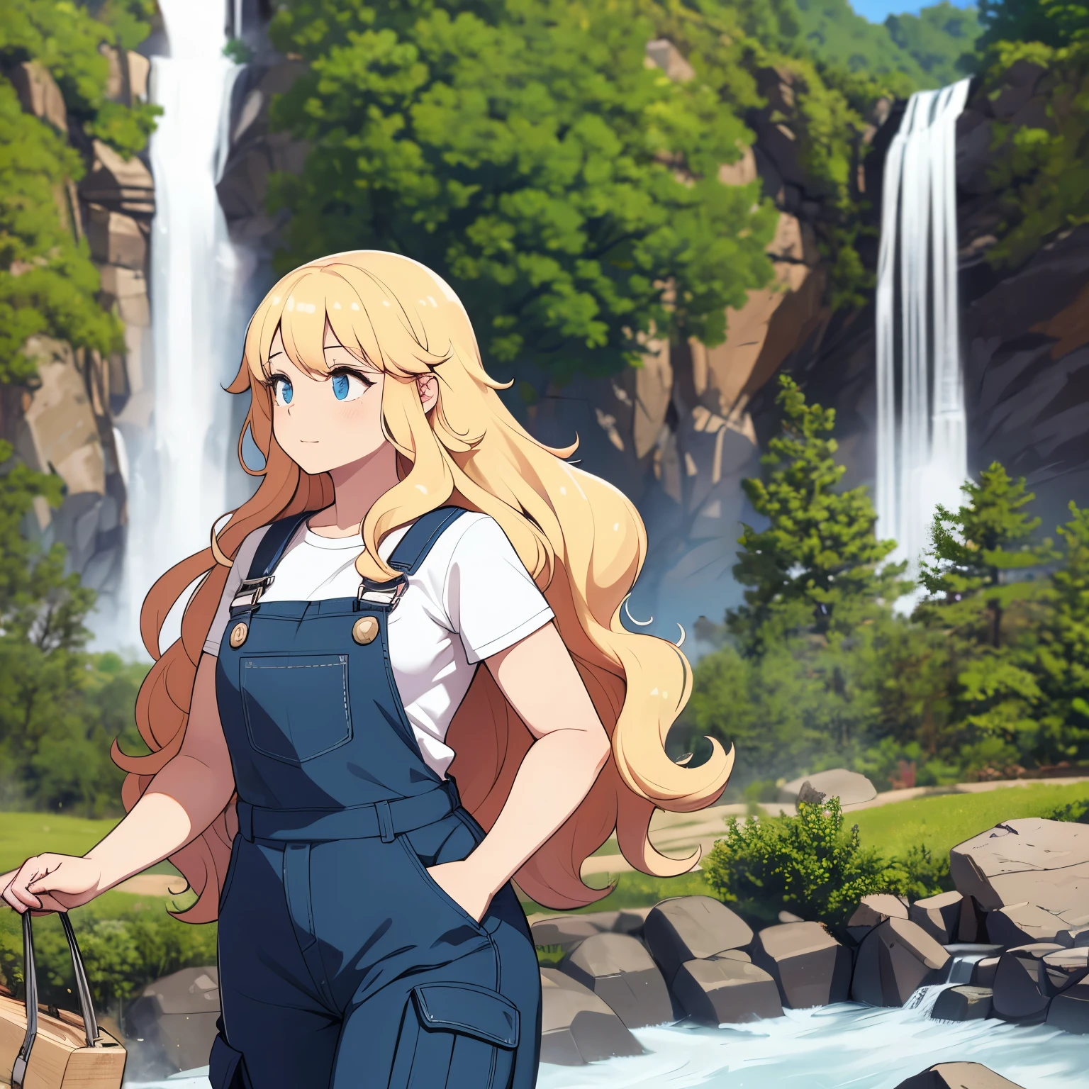Beautiful peach skinned woman with long blonde fluffy wavy curly hair, wearing cargo pants and blue overalls, walking past a waterfall