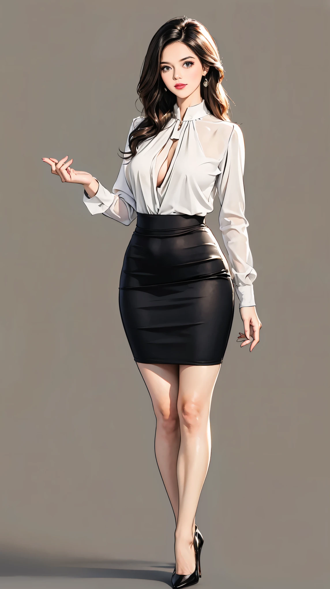 ((best quality,4k,highres,masterpiece:1.2)),((character concept art)), 1 female, 33-year-old university teacher, ((elegant, ethereal beauty, busty)), brunette hair, (fair skin colour), ultra finely detailed eyes (hazel eyes colour), hot, intelligent, educational enthusiast, slim body build, ((intricate detail)), super finely detailed hands, ultra finely detailed fingers(((ten fingers))), wearing outfit:((form-fitting blouse, very short pencil skirt, high heels, black stockings)), (standing professionally), (full body showcase), (show full body), (no logos on background), (no logo), ((plain background)), ((plain background)), (((empty background)))