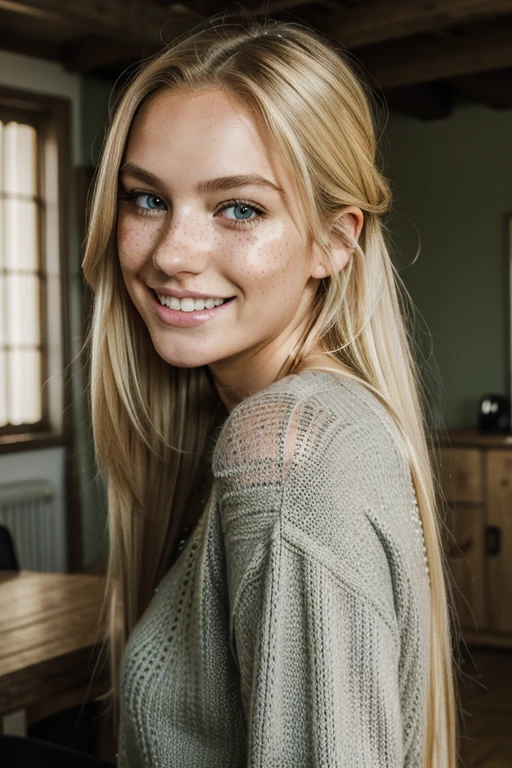 (8 k, Best quality), wide smile with tongue hanging out, blinks an eye, ultra high resolution, (realistic, photo-realistic), 1Girl 27 years old, long hair, I look at the viewer ((clean blonde hair)) dirty hair, Gray-green eyes, Flirting with the camera, beautifully emphasizes lips, freckles on the cheeks, size rules , whole body, Over the shoulder, colorful sweater, from Switzerland,