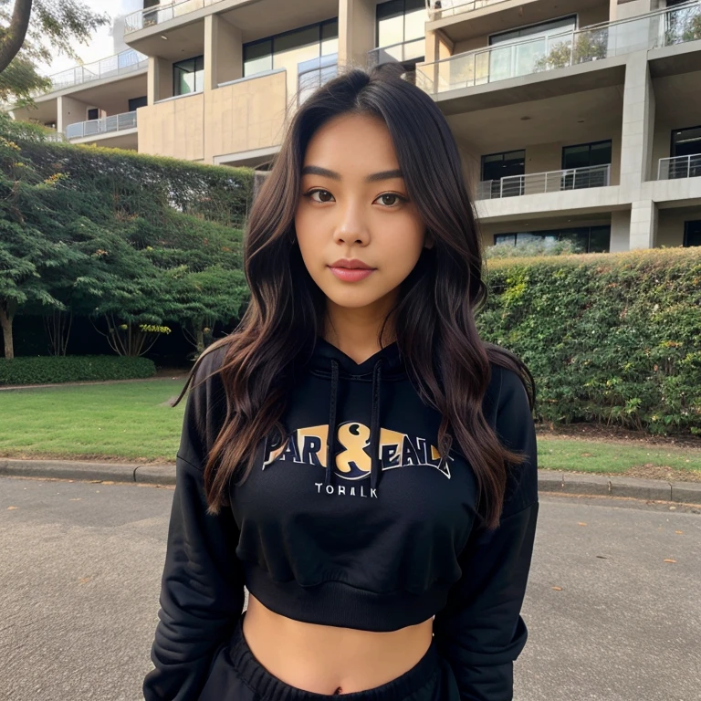 1 female asian, Long Wavy Hair, dark brown eyes, park, nounous, croptop hoodie sexy