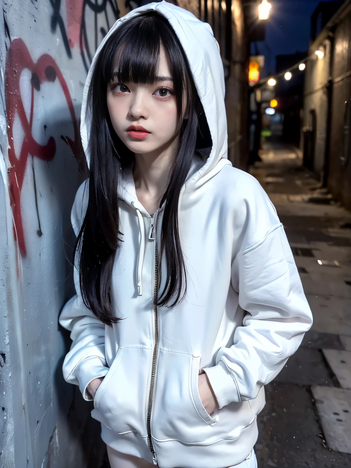 raw photo, 8k, (top-quality), Realistic, (real picture, Intricate details), (natural skin texture, detailed skin, hyper realism, sharpness), (Japanese  girl in a dirty back alley at night, lean forward, hands in pocket, graffitied wall:1.3), ((wearing white hoodie on naked, open front zipper, no bra, white jersey pants)), (flat chest, pale skin:1.2, slender body), ((long straight hair, blunt bangs)), (seductive face, provocative look, Parted lips:1.3, eye bag:1.2, red thick lips), midriff, navels, graffiti:1.5, night time, spot lighting:1.3, upper body shot