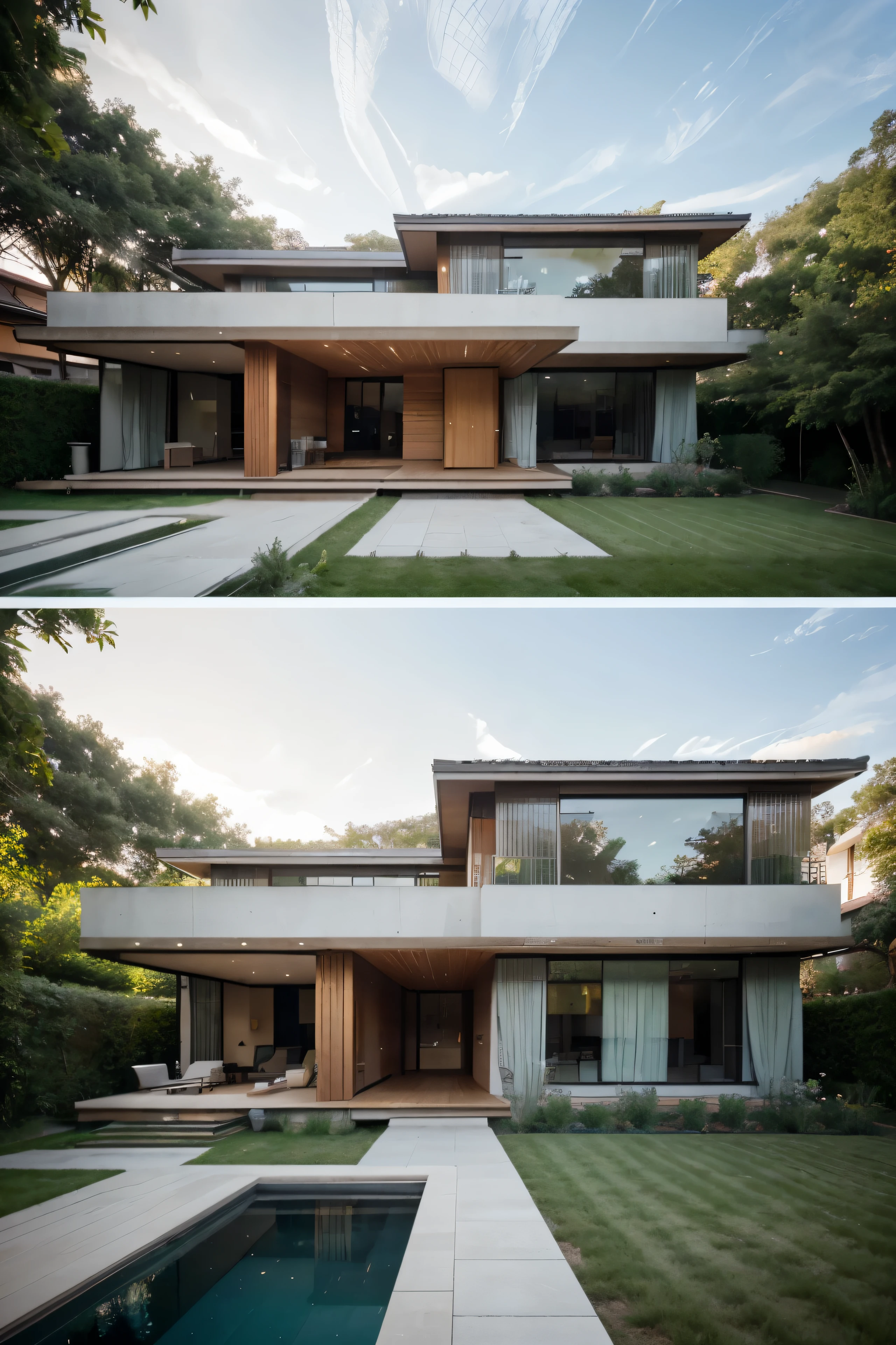Lots of glazing, big windows, two-story building, private residential building, High detail, realistic photo, very green, panoramic angles, protruding consoles, one pool, patio in front of living room, Large living room, flat roof, In the woods, Sun protection, wood and white color, view of the house, architectural concept solution, view of the entire building from the site, geometric architectural forms, brevity, ultra modern solution, bushes with flowers in front of the kitchen windows, on a sculpture site made of polished metal, lower floor finished with travertine and graphite metal plates, wooden slats, minimalism, в стиле Frank Lloyd Wright