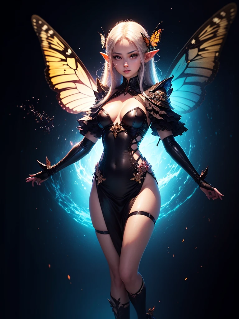 ((highest quality)),(ultra high resolution),(Super detailed),(detailed description),((best CG)),(best work of art),super precision art,amazing drawing art,(Fantasy art with precise details:1.5), (Female Fairy:1.6),(bright butterfly wings:1.6),(Beautiful and pretty innocent smiling face:1.5),(small breasts:1.6),light makeup:1.4,(coiffed blonde hair:1.8),(Smooth skin with fine details:1.6), (traces of light:1.7),