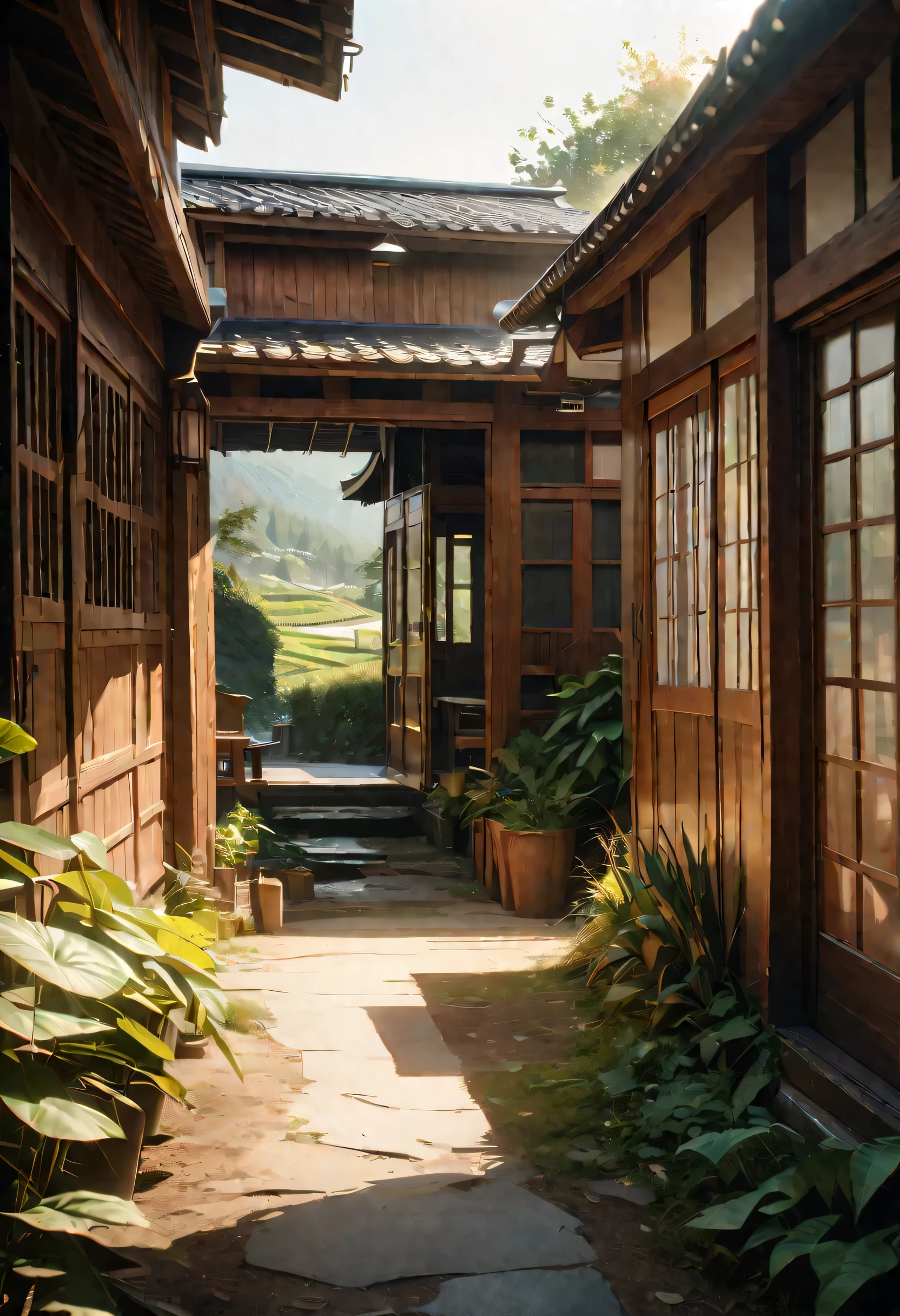 A little Japanese town, private house, a little garden with crops growing, noon, bright sun, atmosphere of suspicion, sand in the air, big house near the garden, surrounded by fence (best quality, 4k, highres, masterpiece:1.2), ultra-detailed, (realistic, photorealistic, photo-realistic:1.37), HDR, UHD, studio lighting, extreme detail description, professional, vivid colors, bokeh, portraits, landscape, horror, anime, sci-fi, photography, concept artists, warm color tones, soft lighting., anime, Ghibli