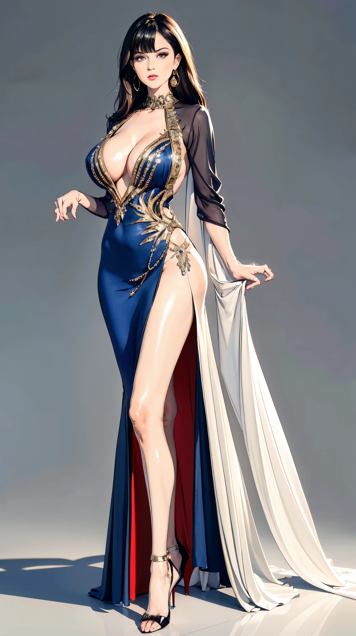 ((best quality,4k,highres,masterpiece:1.2)),((character concept art)), 1 female, French origin, age 31, brunette hair. Her presence is incredibly sexy and seductive, adding an extra layer of intrigue and danger to her overall persona. She is wearing a stunning Versace Crystal-Embellished Silk Gown, adorned with crystals, featuring a fitted silhouette, a deep V-neckline, and a high leg slit. The luxurious silk gown embodies Versace's signature dramatic style, perfect for an evening event. She is also wearing a pair of Christian Louboutin high heels, adding to her allure. ((intricate detail)), super finely detailed hands, ultra finely detailed fingers(((ten fingers))), (standing seductively), (full body showcase), (show full body), (no logos on background), (no logo), ((plain background)), ((plain background)), (((empty background))).
