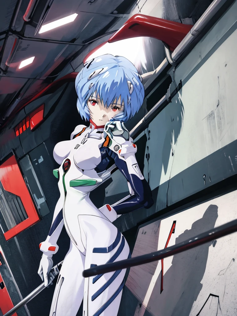 (masterpiece, best quality), (absurdres absolutely resolution), (8k), (detailed beautiful face and eyes), (detailed illustration), (super fine illustration), (vibrant colors), (professional lighting), (nice hands, perfect hands), BREAK, from back, cinematic angle, cowboy shot, (stylish pose:1.3), BREAK, (in neon genesis evangelion style), (ayanamirei), (rei ayanami), 1 girl, breasts, pale porcelain skin, shiny hair, (big eyes:1.2), BREAK, expressionless, (plugsuit), interface headset, BREAK, (night:1.3), indoors, (darkness:1.3), (NERV Underground Base:1.3), (magnificent view), (cinematic lighting), (depth of field), add_detail:1,