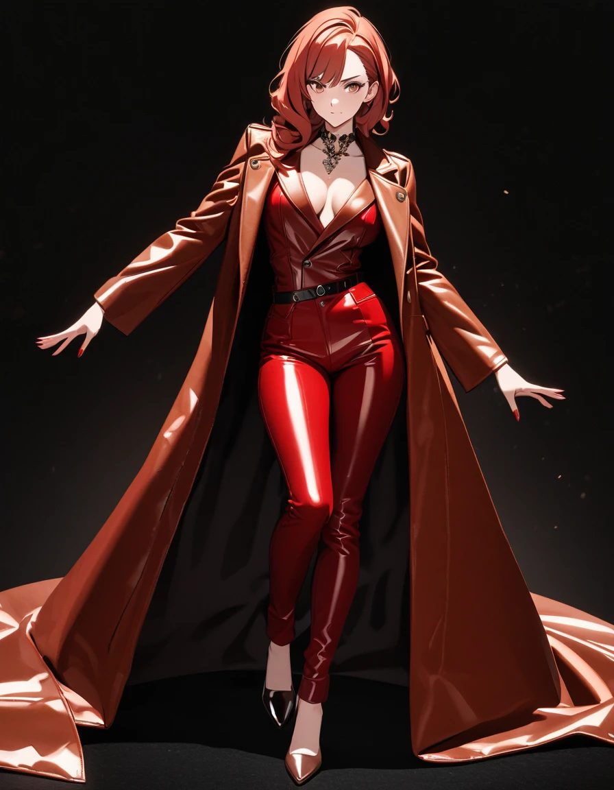 Generates a professional photograph in 8k UHD, full body, of a redhead with light brown eyes, wearing a leather coat and red leather pants, brown leather heels, ultra sharp, she is posing like a diva, black background, she has a intense look