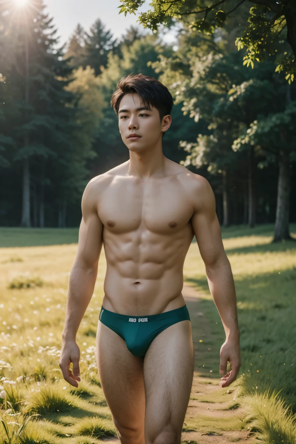 Best quality, offical wallpaper, 1boy, A sunny morning,grassy fields,ln the forest,Wearing a thong underwear, Realistic, Photorealistic, (EOS R8,50 millimeters,F1.2,8K,RAW photo:1.2), Bokeh