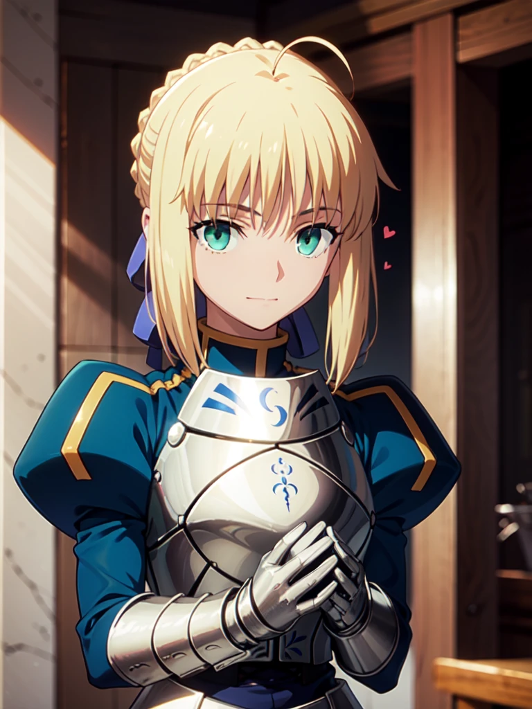 Key Visual,official art,highest quality, masterpiece,{{{Artoria Pendragon:1.6}}}, {{{make a heart with your hands:1.6}}},1 girl, alone, armor, gauntlet, breastplate, Upper body,Artoria Pendragonのマント:1.6,Artoria Pendragonの髪型:1.6,A slightly embarrassed smile