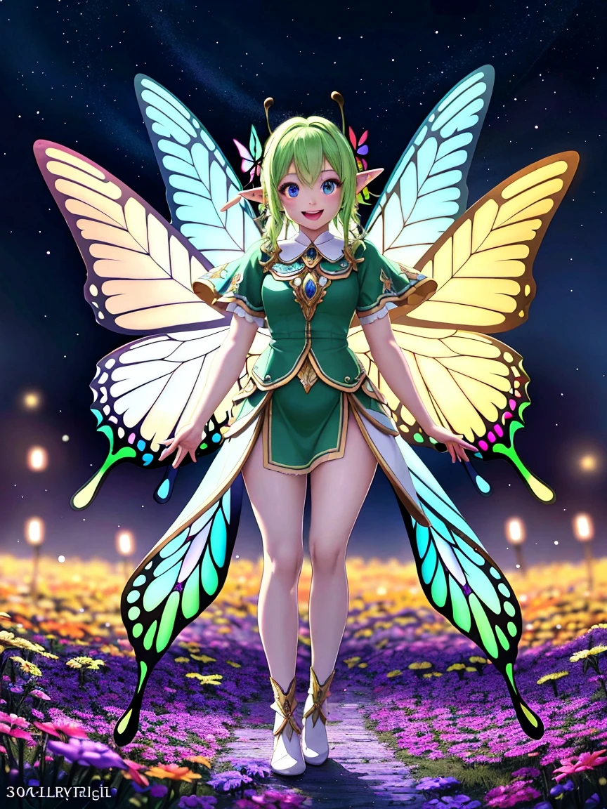 Elf Girl，butterfly wings，with light glowing，Colorful，8K,A high resolution,tmasterpiece,Beautiful wallpapers,high qulity,high detal,movie lighting,OC renderer,s the perfect face,dynamicposes,offcial art,full body shot shot,blur backgroun, --niji 5