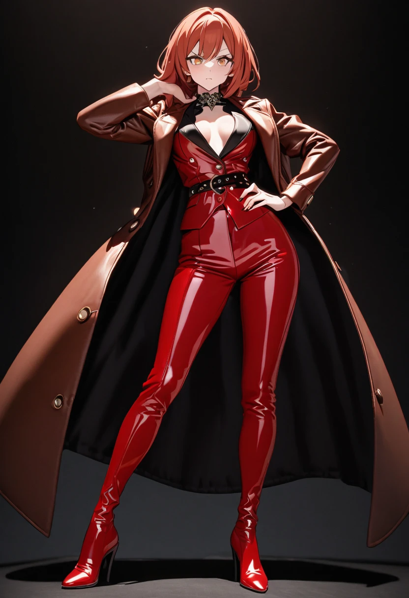 Generates a professional photograph in 8k UHD, full body, of a redhead with light brown eyes, wearing a leather coat and red leather pants, brown leather heels, ultra sharp, she is posing like a diva, black background, she has a intense look