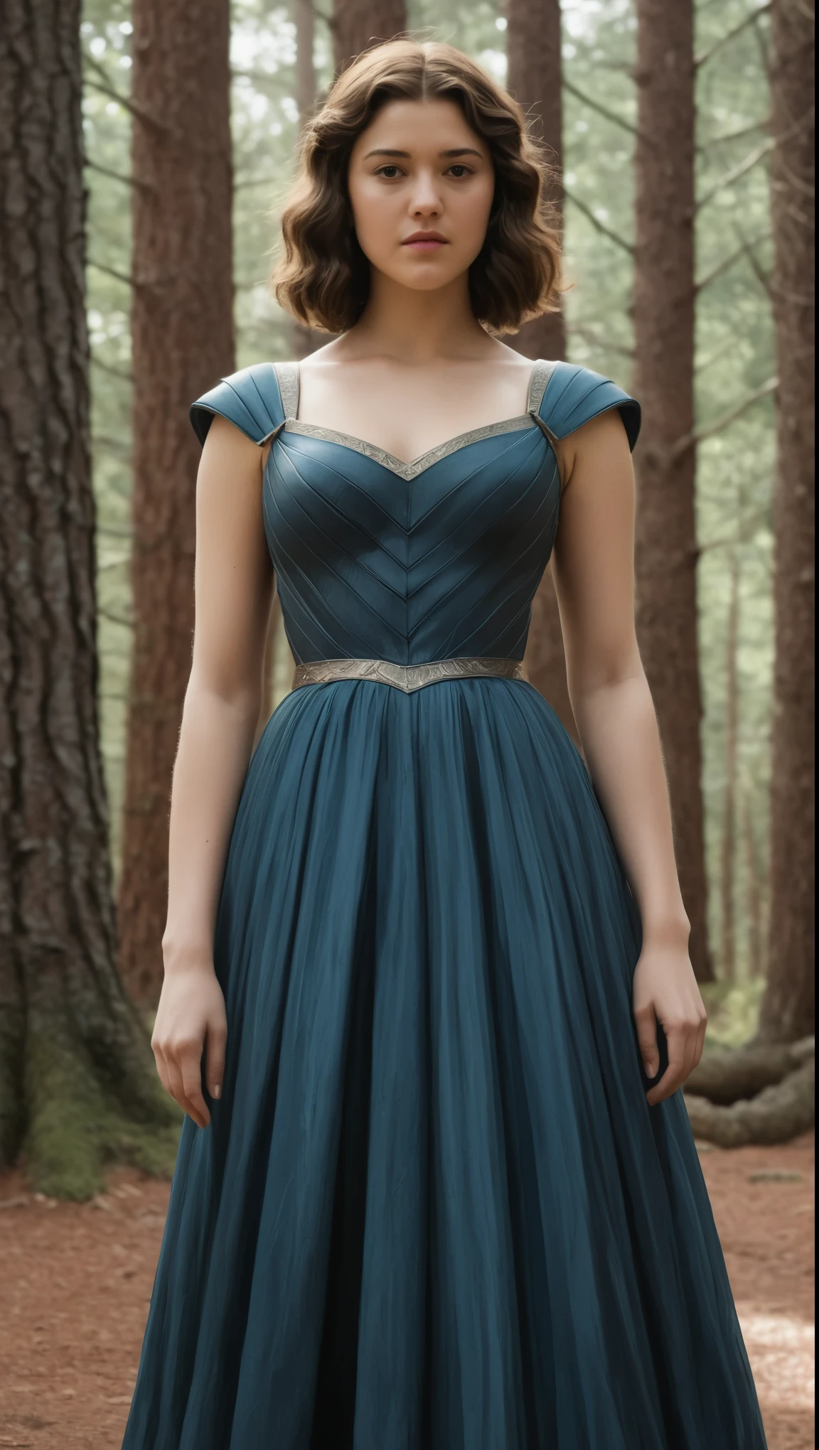 An illustrated movie poster, hand-drawn, full color, a Westerosi  girl, wearing a long regal dress, resembles Mary Elizabeth Winstead, sun-tanned complexion, tall, athletic, Amazonian figure, curvy, toned midriff, bottom-heavy, generous hips, massive bubble-butt, ridiculously thick powerful thighs, dark hair, long hair, waist-length hair, posing in a pine forest, hard shadows, graphite shading, stencil marks, airbrushed acrylic paint, masterpiece, in the style of Game of Thrones 