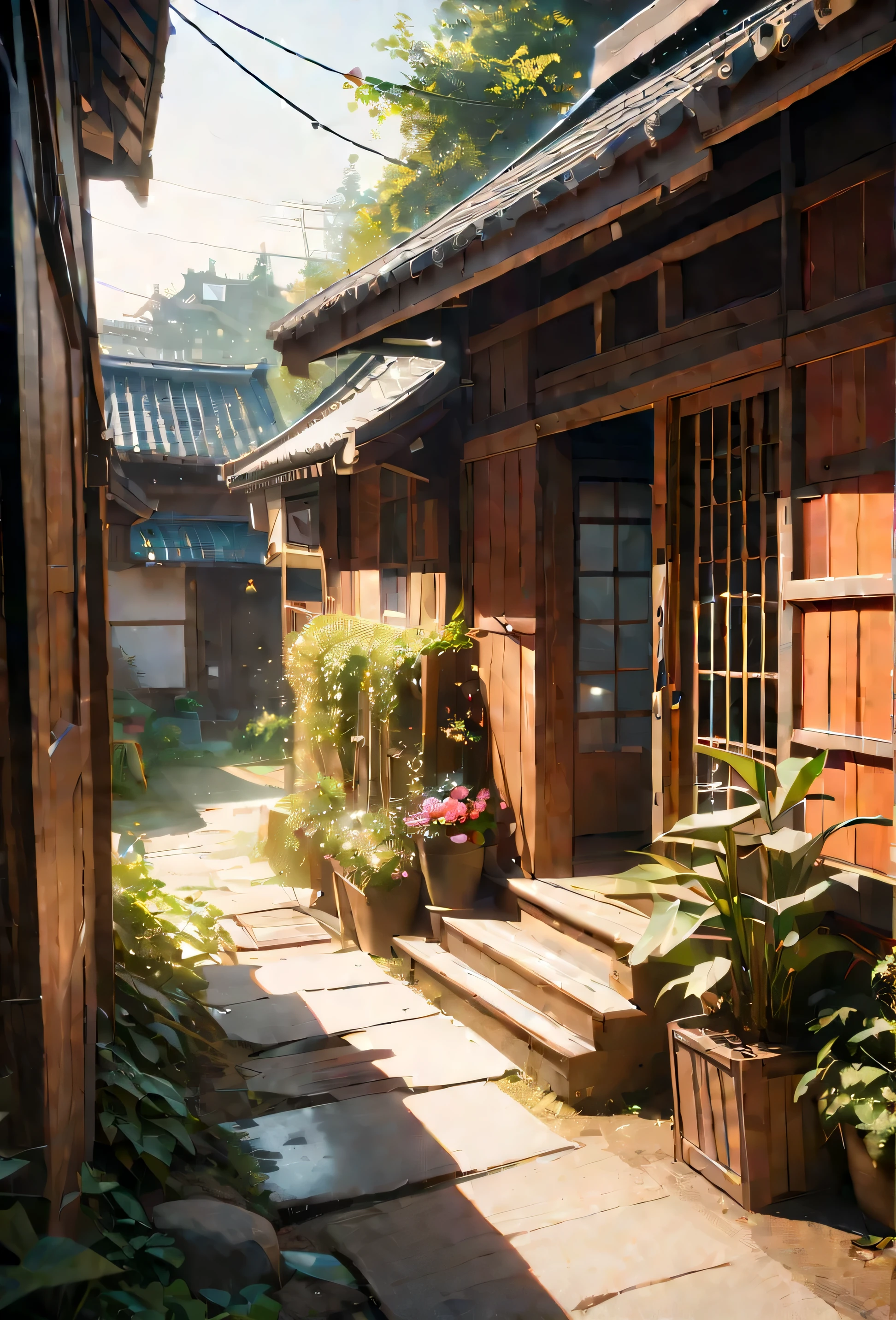 A little Japanese town, private house, a little garden with crops growing, noon, bright sun, atmosphere of suspicion, sand in the air, big house near the garden, surrounded by fence (best quality, 4k, highres, masterpiece:1.2), ultra-detailed, (realistic, photorealistic,
) UHD, studio lighting, extreme detail description, professional, vivid colors, bokeh, portraits, landscape, horror, anime, sci-fi, photography, concept artists, warm color tones, soft lighting., anime, Ghibli , anime style