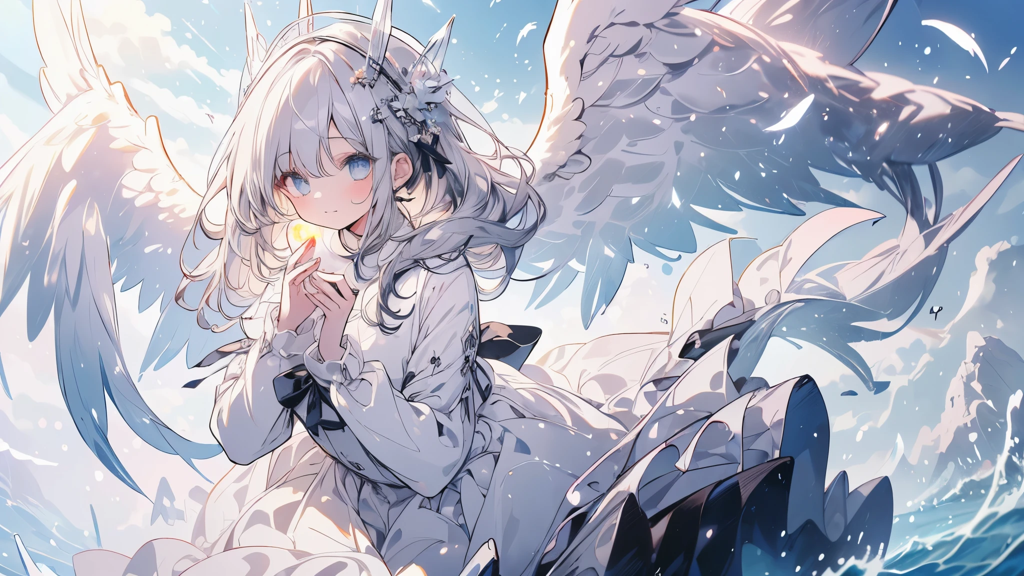 8K resolution, ((highest quality)), ((masterpiece)), ((super detailed)), (very delicate and beautiful), with a girl, solo, gentle expression, she is very(relax)with(Calm)Appearance,gray haired, Depth of the bounds written, bright smile, bright yellow eyes, bright white hair, beautiful background, Long Hair - Linear Art, black skirt, White uniform like a sailor suit, modest chest, Angel, Angel&#39;s White Wings, White feathers fluttering, Eyes that shine like amber, upper eye, wonderful eyes, whole body
