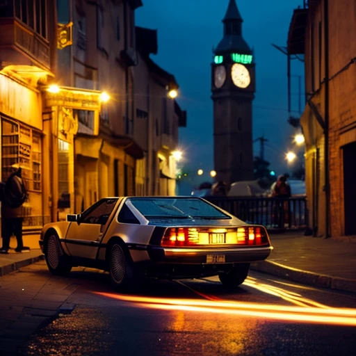 The Delorean speeds towards the clock tower.　The tracks of the wheels are flames　time is night　Run from the front to the back　What you see is the back of the DeLorean