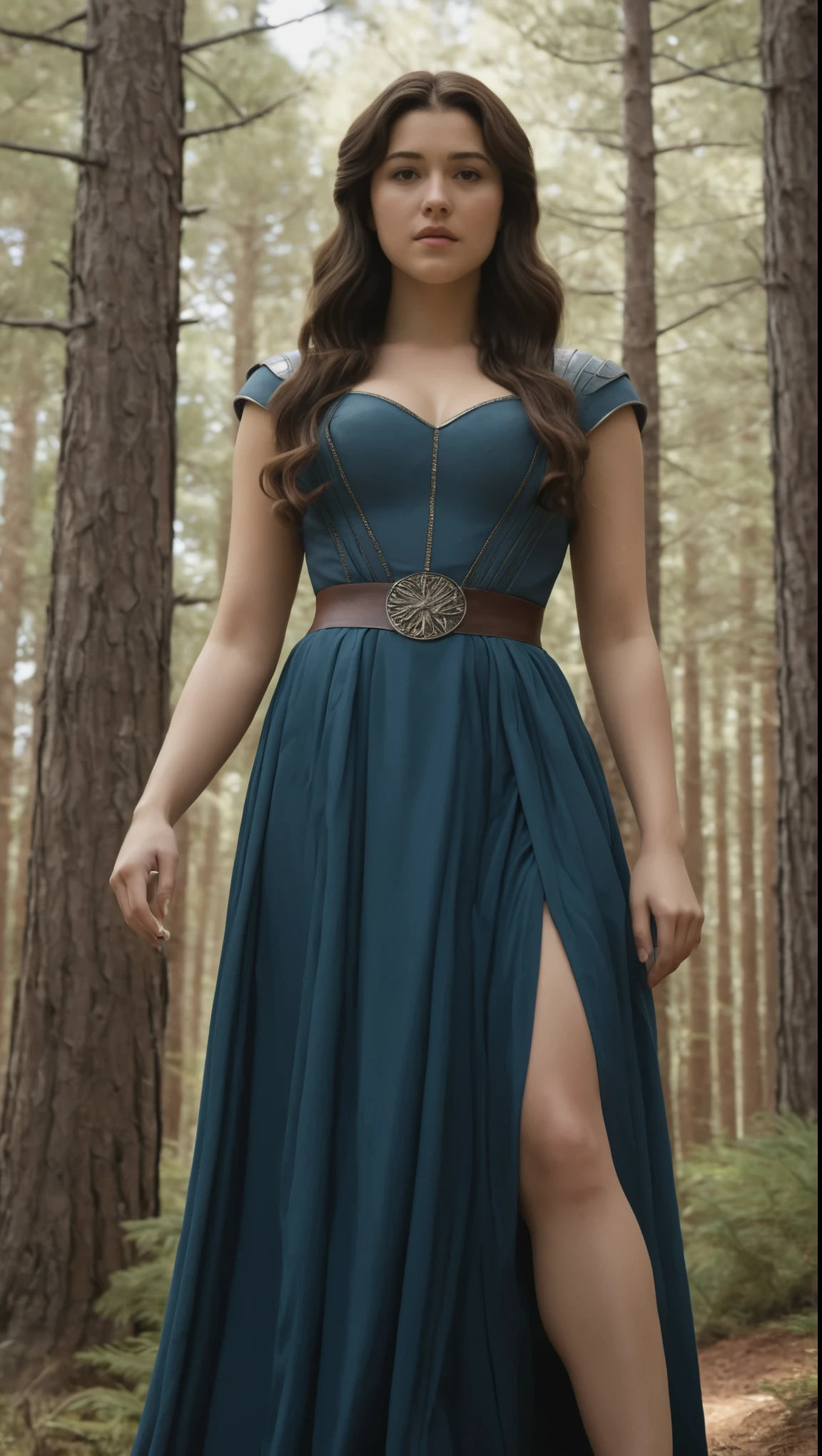 An illustrated movie poster, hand-drawn, full color, a Westerosi teen girl, wearing a long regal dress, resembles Mary Elizabeth Winstead, sun-tanned complexion, tall, athletic, Amazonian figure, curvy, toned midriff, bottom-heavy, generous hips, massive bubble-butt, ridiculously thick powerful thighs, dark hair, long hair, waist-length hair, posing in a pine forest, hard shadows, graphite shading, stencil marks, airbrushed acrylic paint, masterpiece, in the style of Game of Thrones