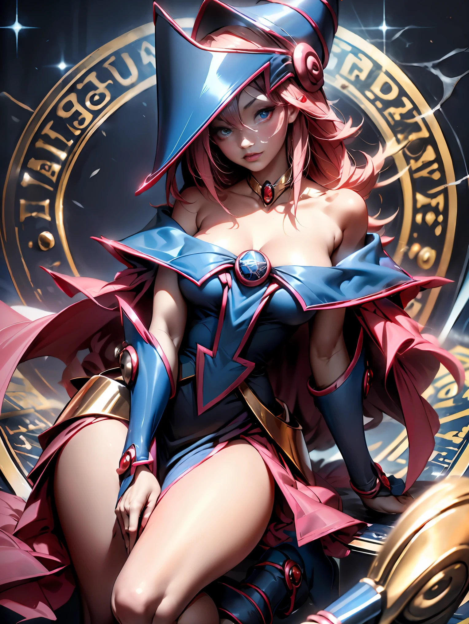 (Masterpiece:1.2), (The best quality:1.2), perfect lighting, Dark Magician Girl casting a spell, floating in the air, big tits, naked. Shows her big tits and pink nipples. magic background. sparkles, Yugioh Card in the background. En tacones y naked