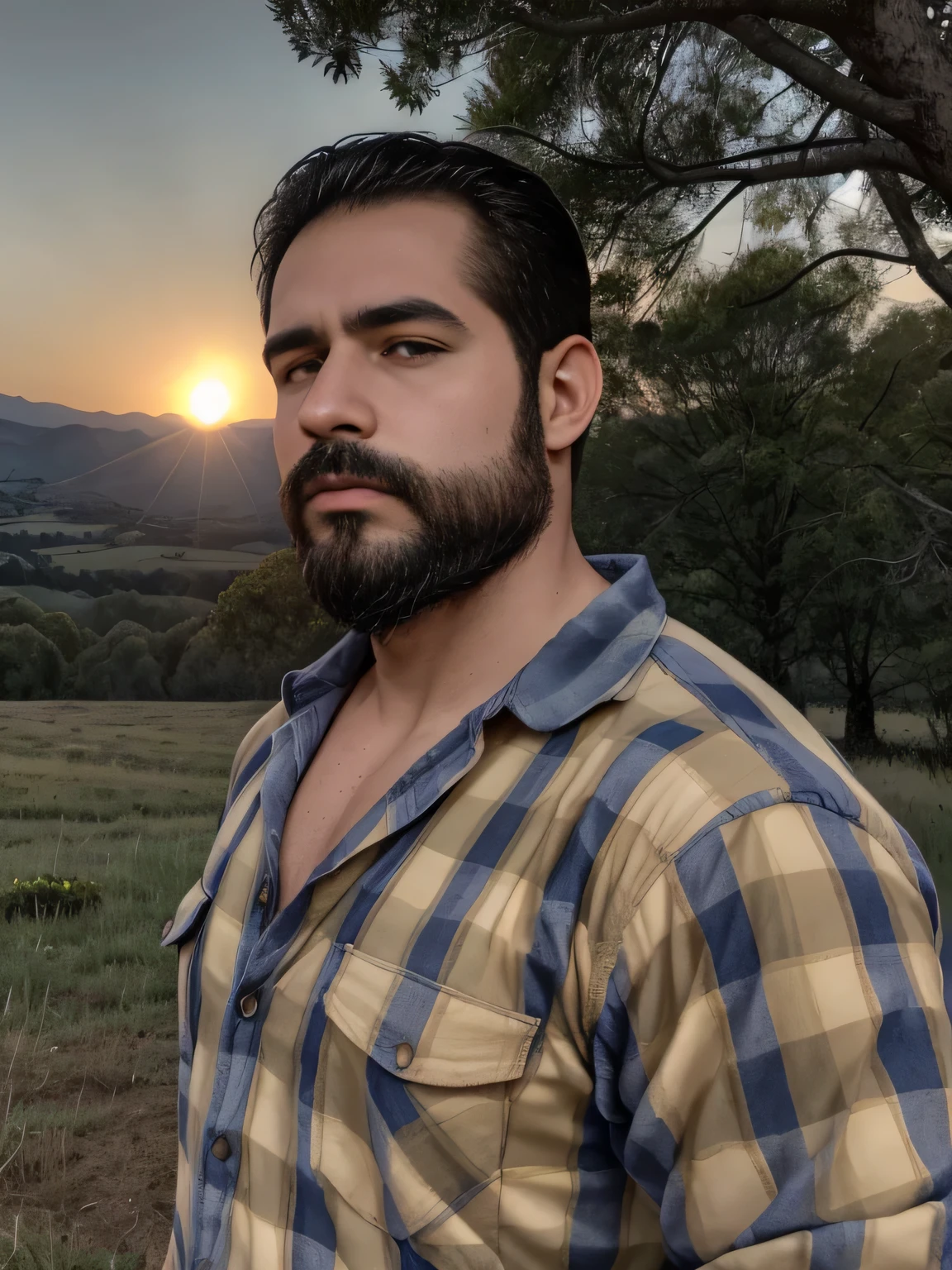 obra maestra, Mejor calidad, high resolution, Retrato de primer plano, (1 chico:1.4) A man in a lumberjack suit, muscular, (descamisado: 1.2) enfoque masculino, enfocarse solo, piel bronceada, 15 year old man dressed as a lumberjack., muscular, fuerte, peludo, Masculino, (descamisado: 1.2), al fondo una granja, en un eclipse de sol, amazing composition, Vista frontal, HDR, volumetric lighting, (plano general, desde el frente:1.2) (GS-Macho :1.5) (magnificent landscape:1.2)