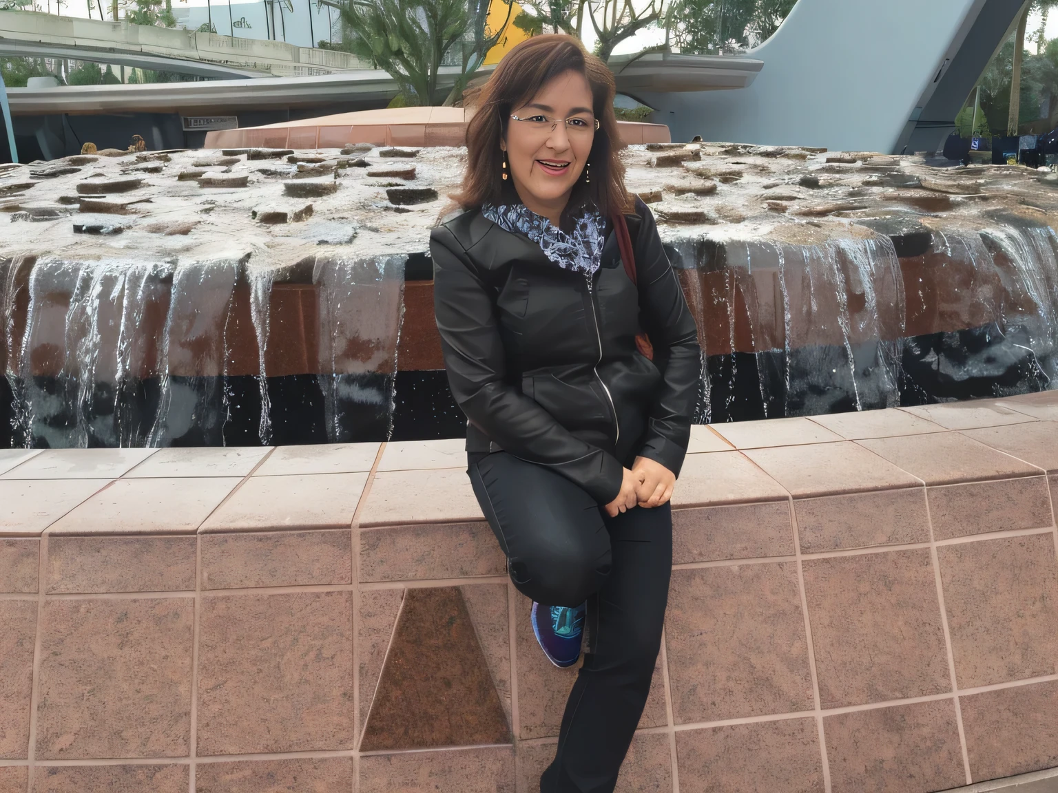 woman sitting on a ledge in front of a fountain with water, in the 40th millennium, standing next to the water, standing in the center of the city of Orlando (USA), on the Disney adventure, Florida, (USA). A woman with white skin and dark hair. She is about 35 years old. Her slightly full and red lips are like a delicate flower, her dark brown, large and charming eyes seem to contain a world of wonders. Slim body. Thin waist. Her body exudes glamor and her face is the definition of beauty. Test, highly realistic, reddish skin, beautiful, slightly full lips, red lipstick, smiling, feeling of lightness and joy, hyper-realism, very elaborate skin, direct look. Full body photo, clear photo, high quality, high resolution, masterpiece, 8K.