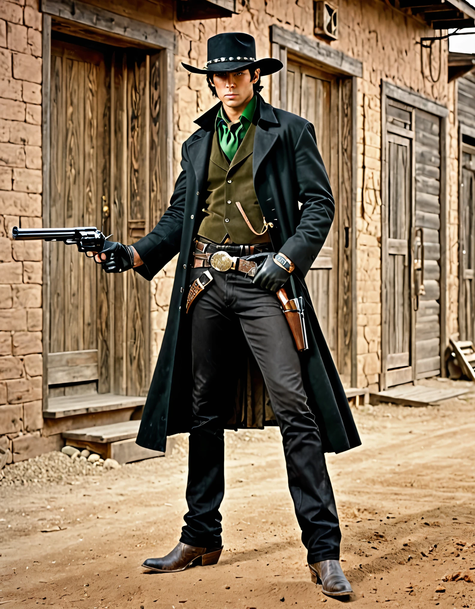 1 young black-haired man, long black vest, serious look, 1 man, green eyes, full body shot, cowboy bounty hunter on modern setting, cowboy shot, black hat, necktie, long black coat, fingerless gloves, black pants, belt buckle, shoes, serious look, (holding gun, holding weapon, revolver, finger on trigger), spaghetti western atmosphere