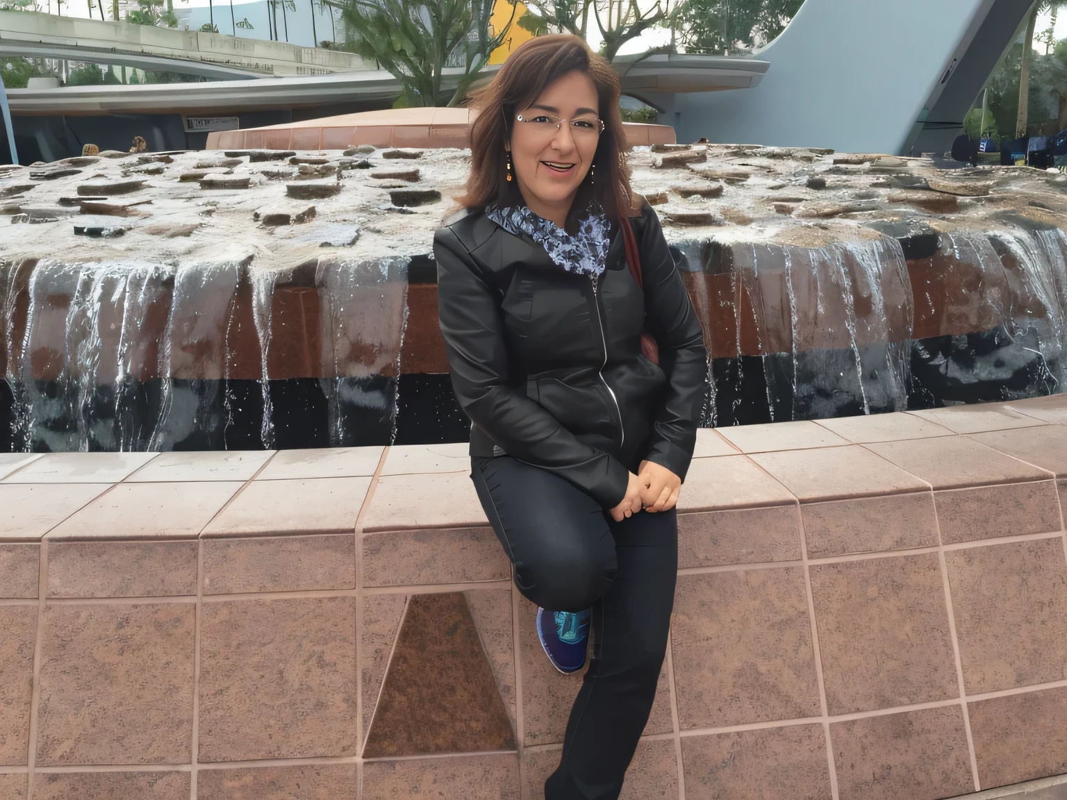 woman sitting on a ledge in front of a fountain with water, in the 40th millennium, standing next to the water, standing in the center of the city of Orlando (USA), on the Disney adventure, Florida, (USA). A woman with white skin and dark hair. She is about 35 years old. Her slightly full and red lips are like a delicate flower, her dark brown, large and charming eyes seem to contain a world of wonders. Slim body. Thin waist. Her body exudes glamor and her face is the definition of beauty. Test, highly realistic, reddish skin, beautiful, slightly full lips, red lipstick, smiling, feeling of lightness and joy, hyper-realism, very elaborate skin, direct look. Full body photo, clear photo, high quality, high resolution, masterpiece, 8K.