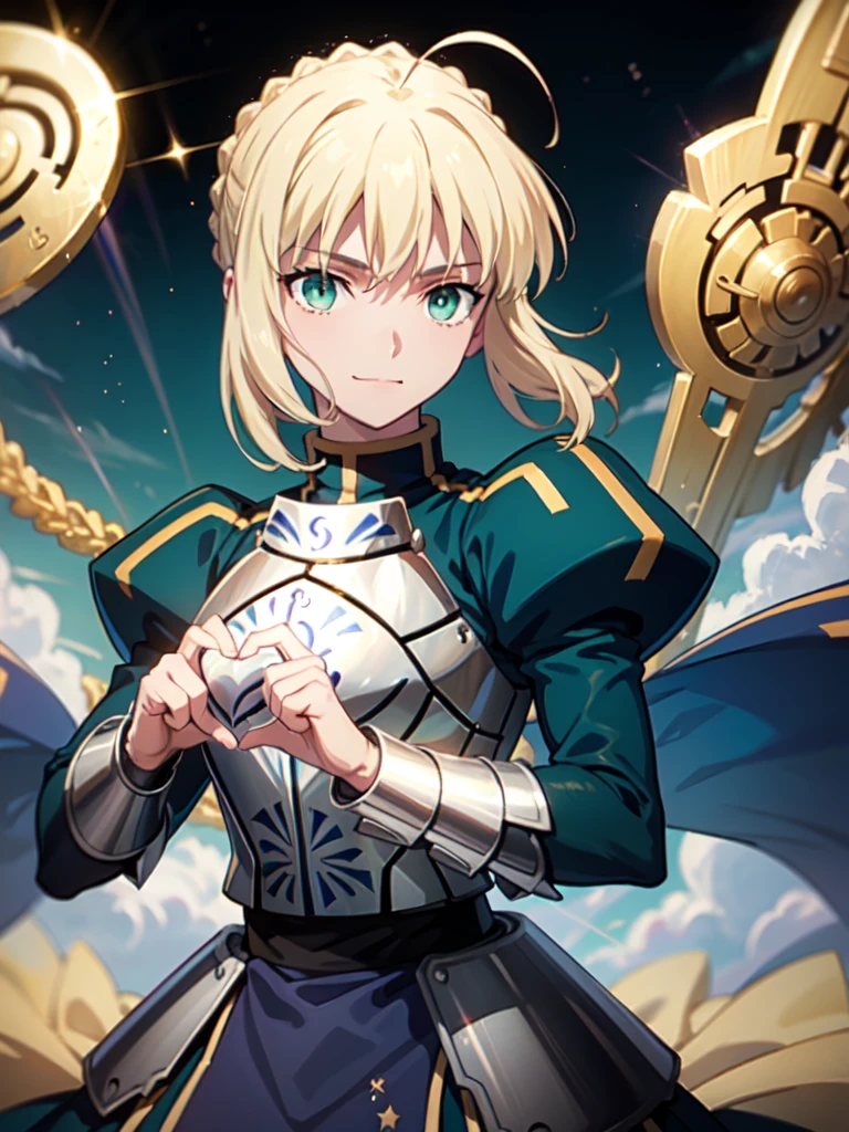 Key Visual,official art,highest quality, masterpiece,{{{Artoria Pendragon:1.6}}}, {{{make a heart with your hands:1.6}}},1 girl, alone, armor, gauntlet, breastplate, Upper body,Artoria Pendragonのマント:1.6,Artoria Pendragonの髪型:1.6,A slightly embarrassed smile