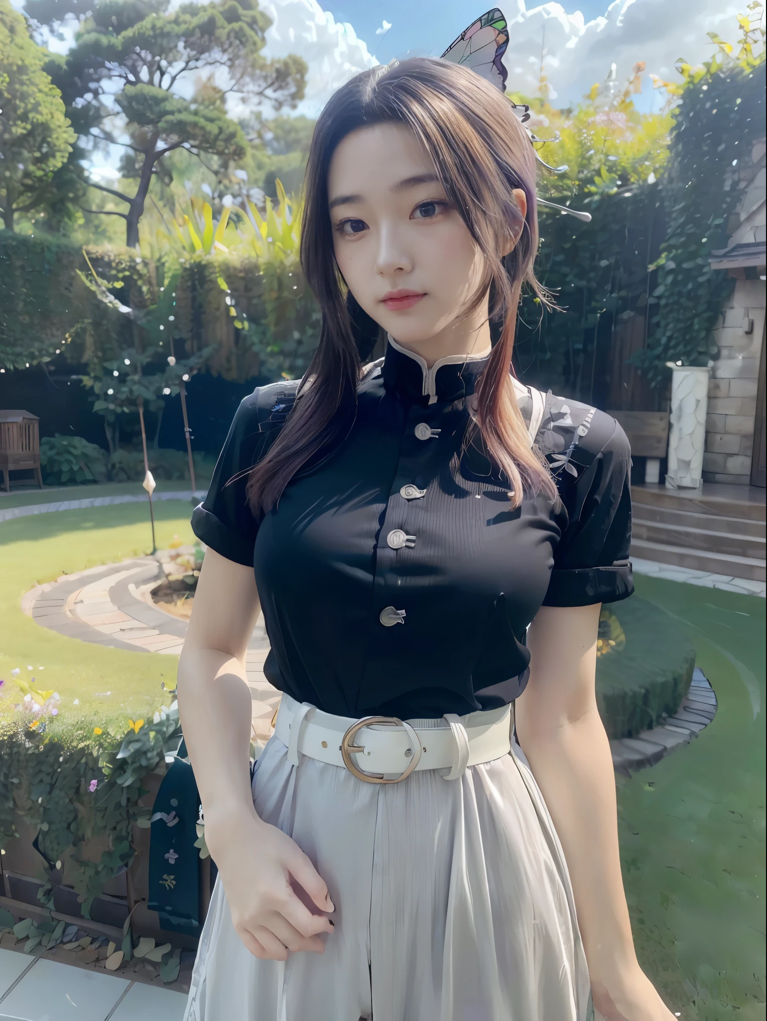 Hyper-realistic 8K CG,masterpiece,((Super detailed background, Exquisite pattern, intricate details)),best quality,very detailed Face,extremely detailed eyes and Face,extremely detailed eyes,Section Chief Ren,colorful hair,no bangs,hair intake,purple eyes,forehead,black shirt,Black pants,Haori,Butterfly,buttons,belt,(garden:1.2),purple flower,chibi,cloudy Sky,Sunlight,Tyndall effect,slope_Sky,Face,Gorgeous Sky,waist knife,Charming gesture, Hyper-realistic 8K CG, masterpiece, close up, (weapons in hand: 1.2), (attack: 1.2), beauty, goddess, from the front, Face sticking out, (Super detailed background, Exquisite pattern, intricate details)), high quality, highly detailed Face, highly detailed eyes and Face, highly detailed eyes, Fluttershy Ninja, colorful hair, no bangs, hair intake, purple eyes, forehead, black shirt, Black pants, (Haori, Butterfly: 1.3, button, belt), (garden: 1.2), purple flower, chibi, cloudy Sky, Sunlight, Tyndall effect, slope_Sky, Face, gorgeous Sky, Waist saber,