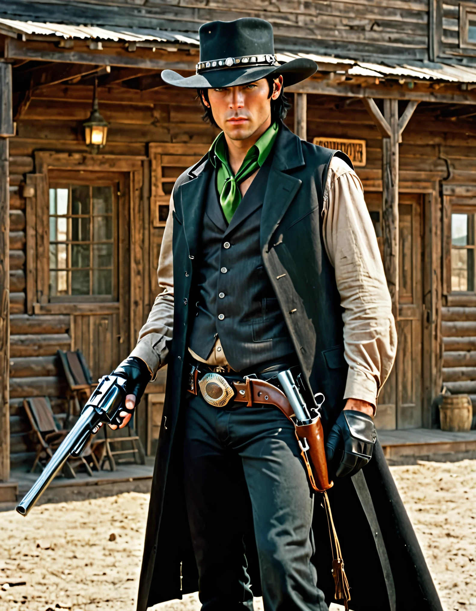1 young black-haired man, long black vest, serious look, 1 man, green eyes, full body shot, cowboy bounty hunter on modern setting, cowboy shot, black hat, necktie, long black coat, fingerless gloves, black pants, belt buckle, shoes, serious look, (holding gun, holding weapon, revolver, finger on trigger), spaghetti western atmosphere