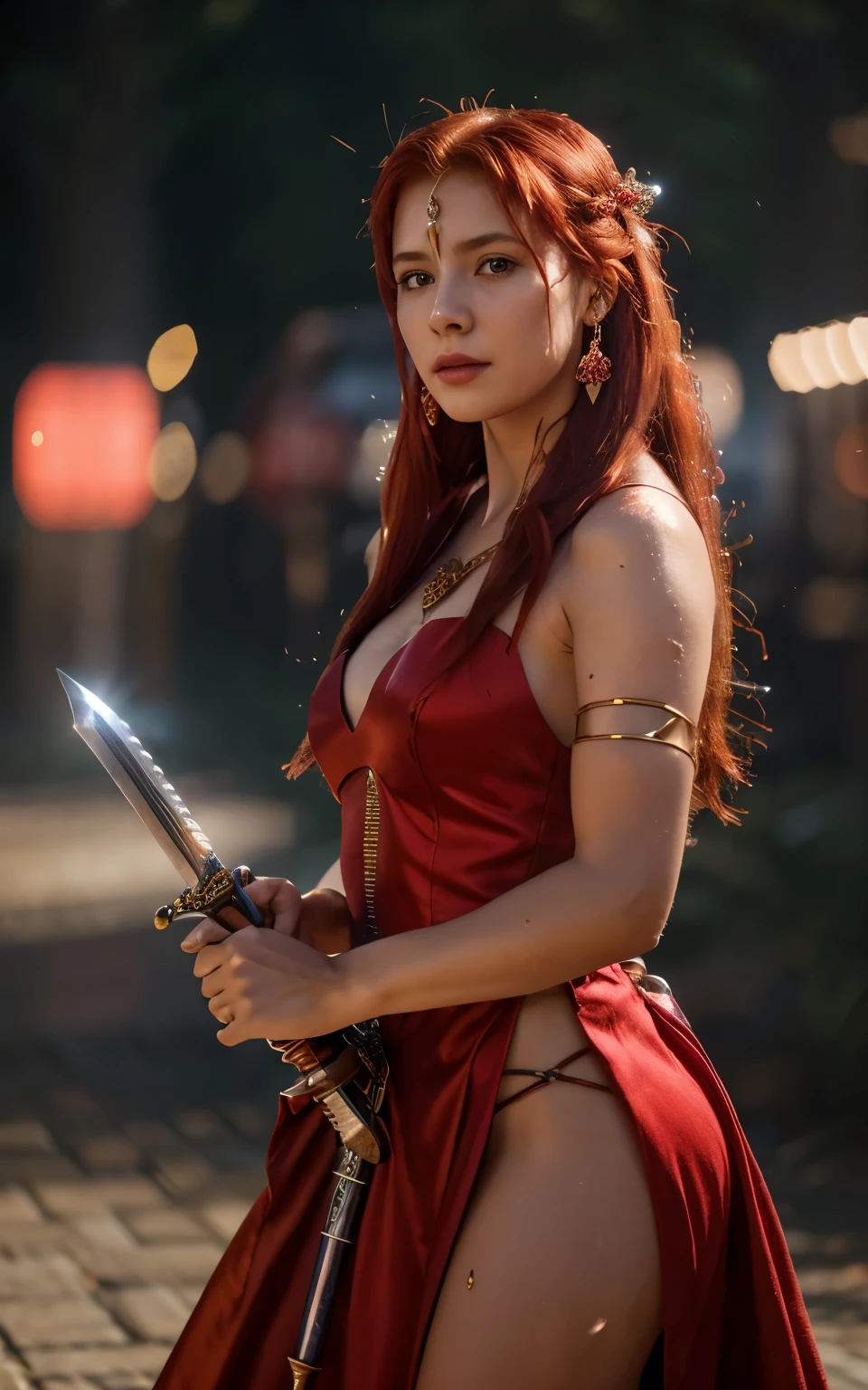 best quality,masterpiece,highres,cg,
1girl,weapon,sword,long hair,machine dress,solo,jewelry,red dress,earrings,hair ornament,splashing,upper body,red hair,
lighting,candid,Photograph,high resolution,4k,8k,Bokeh,