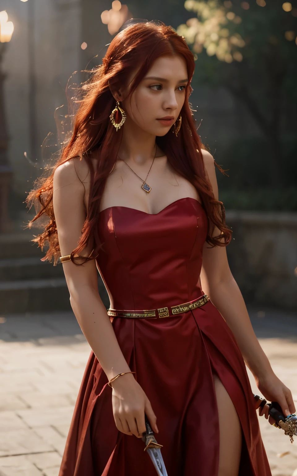best quality,masterpiece,highres,cg,
1girl,weapon,sword,long hair,machine dress,solo,jewelry,red dress,earrings,hair ornament,splashing,upper body,red hair,
lighting,candid,Photograph,high resolution,4k,8k,Bokeh,
