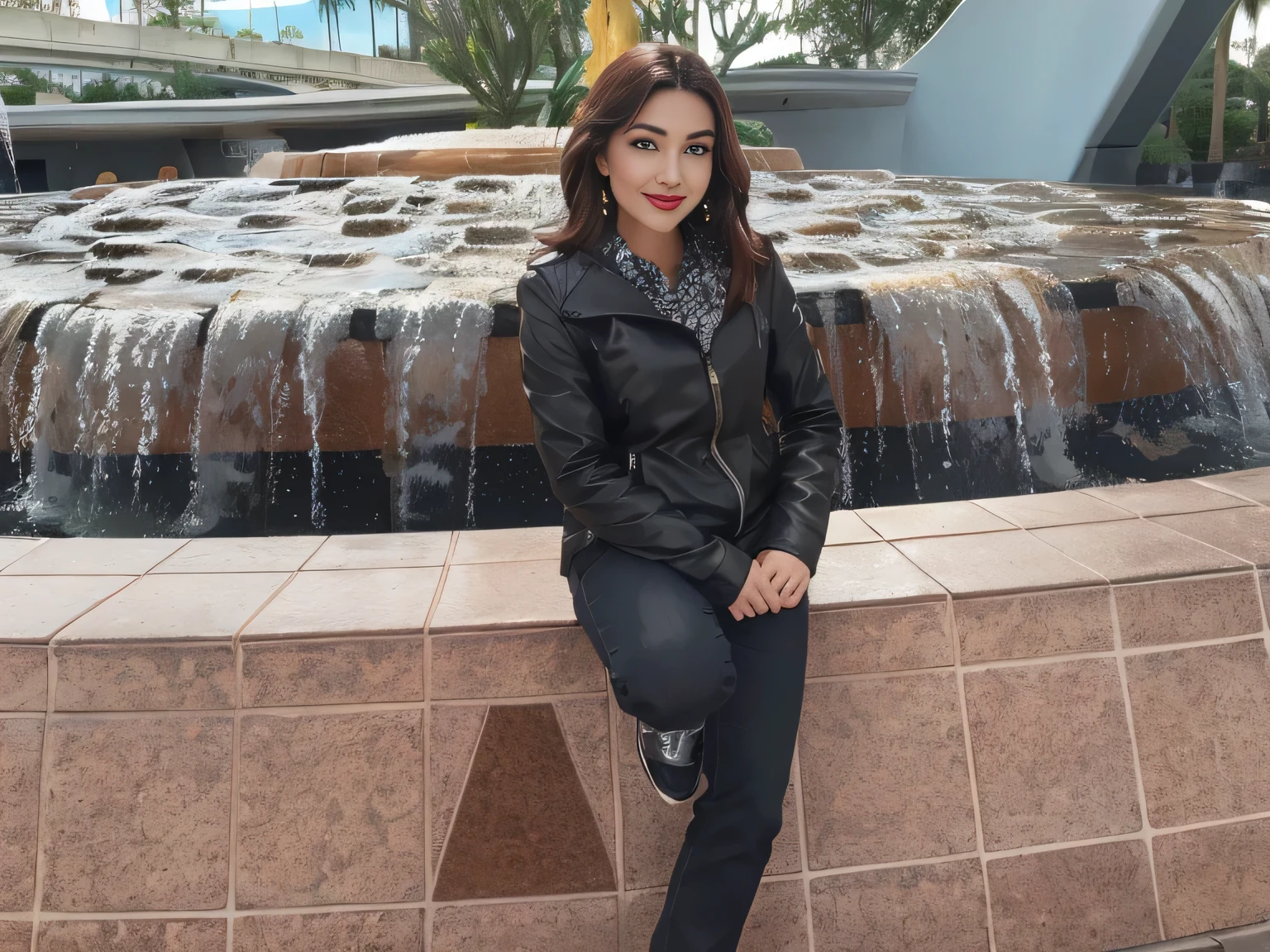 woman sitting on a ledge in front of a fountain with water, in the 40th millennium, standing next to the water, standing in the center of the city of Orlando (USA), on the Disney adventure, Florida, (USA). A woman with white skin and dark hair. She is about 35 years old. Her slightly full and red lips are like a delicate flower, her dark brown, large and charming eyes seem to contain a world of wonders. Slim body. Thin waist. Her body exudes glamor and her face is the definition of beauty. Test, highly realistic, reddish skin, beautiful, slightly full lips, red lipstick, smiling, feeling of lightness and joy, hyper-realism, very elaborate skin, direct look. Full body photo, clear photo, high quality, high resolution, masterpiece, 8K.