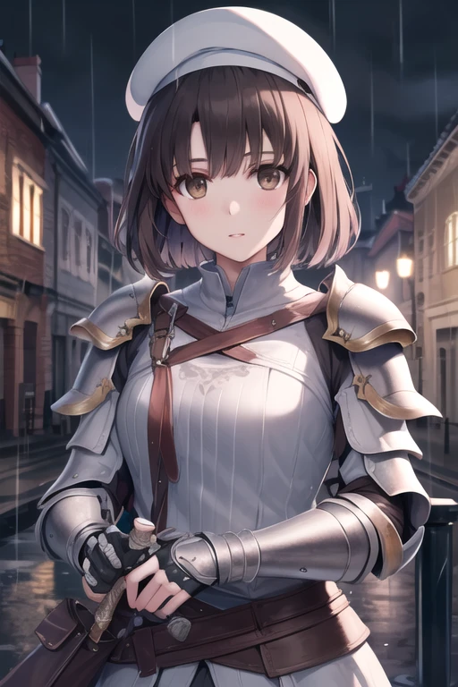 short hair, white beret,brown hair,brown eyes,Enlightenment、(top quality)、(((Masterpiece)))、(high resolution)、The original、(solo girl),Light Armor、Hold a dagger,Upper body,Poker face,rainy night,Medieval style building