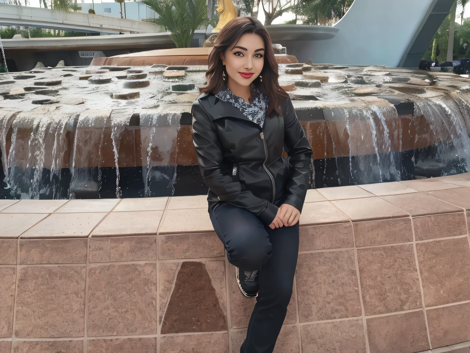 woman sitting on a ledge in front of a fountain with water, in the 40th millennium, standing next to the water, standing in the center of the city of Orlando (USA), on the Disney adventure, Florida, (USA). A woman with white skin and dark hair. She is about 35 years old. Her slightly full and red lips are like a delicate flower, her dark brown, large and charming eyes seem to contain a world of wonders. Slim body. Thin waist. Her body exudes glamor and her face is the definition of beauty. Test, highly realistic, reddish skin, beautiful, slightly full lips, red lipstick, smiling, feeling of lightness and joy, hyper-realism, very elaborate skin, direct look. Full body photo, clear photo, high quality, high resolution, masterpiece, 8K.