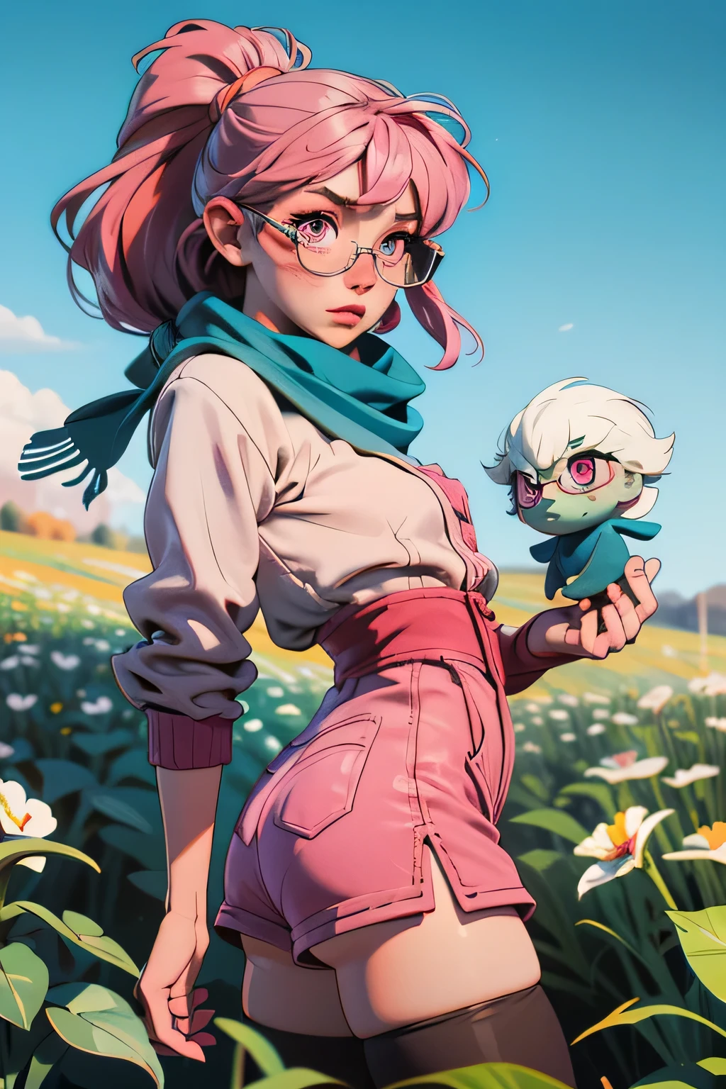 style of Yoshitaka Amano ~ Beautiful woman with braided pink hair, Pink eyes, and freckles. wearing a blue scarf, glasses, adventurer outfit, bootyshorts and thigh highs. feminine pose in a field. surrealist. Shades of luminous white and pink piercing shadow, reminiscent of Beuys and Qian Xuan.