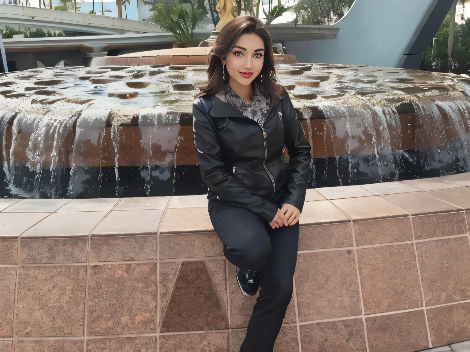 woman sitting on a ledge in front of a fountain with water, in the 40th millennium, standing next to the water, standing in the center of the city of Orlando (USA), on the Disney adventure, Florida, (USA). A woman with white skin and dark hair. She is about 35 years old. Her slightly full and red lips are like a delicate flower, her dark brown, large and charming eyes seem to contain a world of wonders. Slim body. Thin waist. Her body exudes glamor and her face is the definition of beauty. Test, highly realistic, reddish skin, beautiful, slightly full lips, red lipstick, smiling, feeling of lightness and joy, hyper-realism, very elaborate skin, direct look. Full body photo, clear photo, high quality, high resolution, masterpiece, 8K.