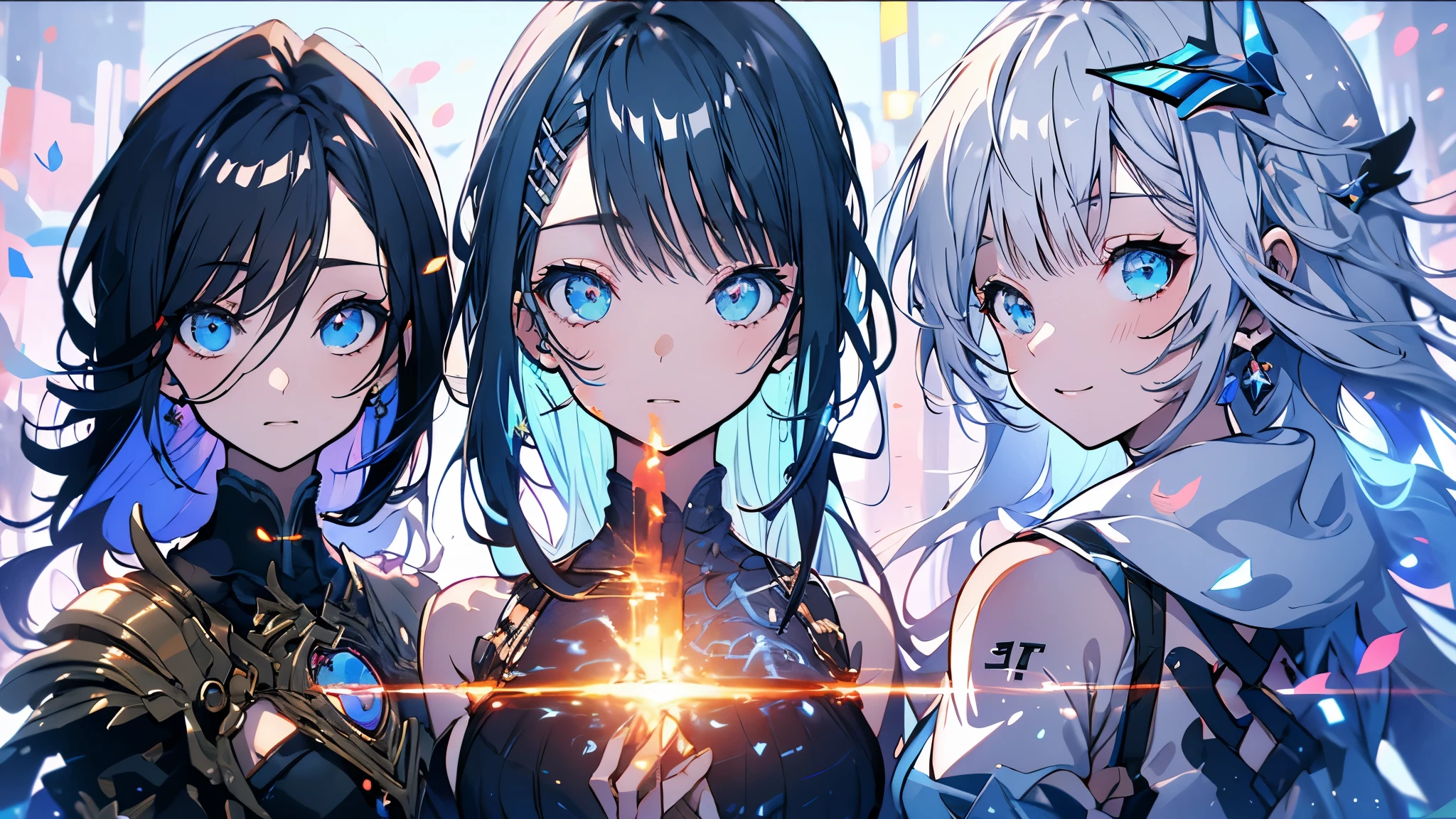 (((High resolution))), (((Very detailedな))), (((Three Girls:1.3))),((7Head to Body:1.3))、 (((Midday Blue Background)))、(((Cute face:1.3))), (((smile:1.5)))、(((Beautiful and detailed eyes:1.3))), (((Very detailed))), (((Details face:1.5))), break , ,sunny, ,((GANTZ Suit:1.2)),((Very delicate body))、((Very flat chest))、((Small waist))、((thigh gap:1.2))、Friendly atmosphere,((from side))、Normal limbs、