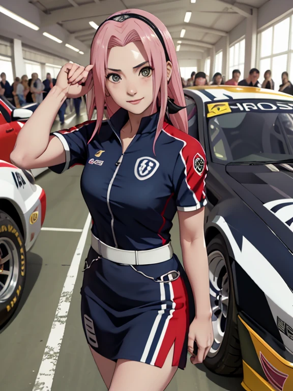 obra maestra， La mejor calidad en el mejor de los casos.， 1 chica， sakura haruno，criado sexy，Is shy，smile，con cabello rosado， pelo largo y blanco， （Globos oculares verdes:1.4), pole position, de pie junto a su coche, estilo animado, colores brillantes, dynamic lighting, acabado brillante, Attention to details, vistiendo un traje race queen azul oscuro, antecedentes holden zb commodore coche de carreras,  Exciting atmosphere, Vivid expressions