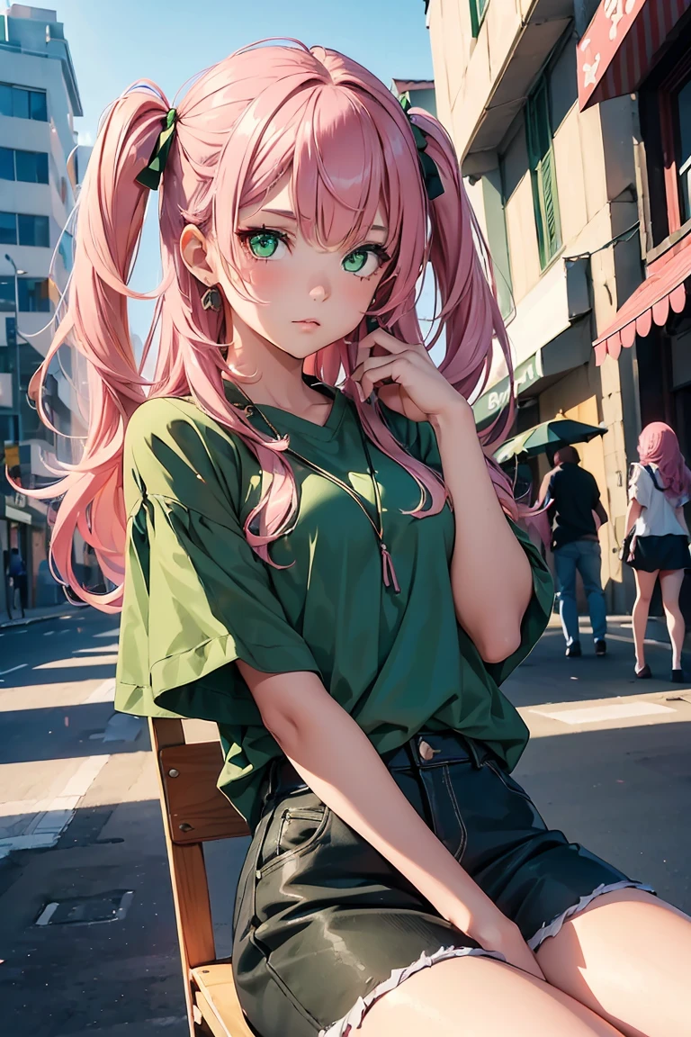 ((1 girl)), latest trend clothes, sit on a chair, Street fashion,cowboy shot,((Super detailed,highest quality, High resolution, 8k wallpaper, beautiful clothes,)),((pink hair, long hair,straight hair,two side up)), (green eyes),eye shadow, eyeliner,Glow eye, highly detailed eyes, complicated eyes, beautiful eyes, ((輝くgreen eyes)),18 year old girl