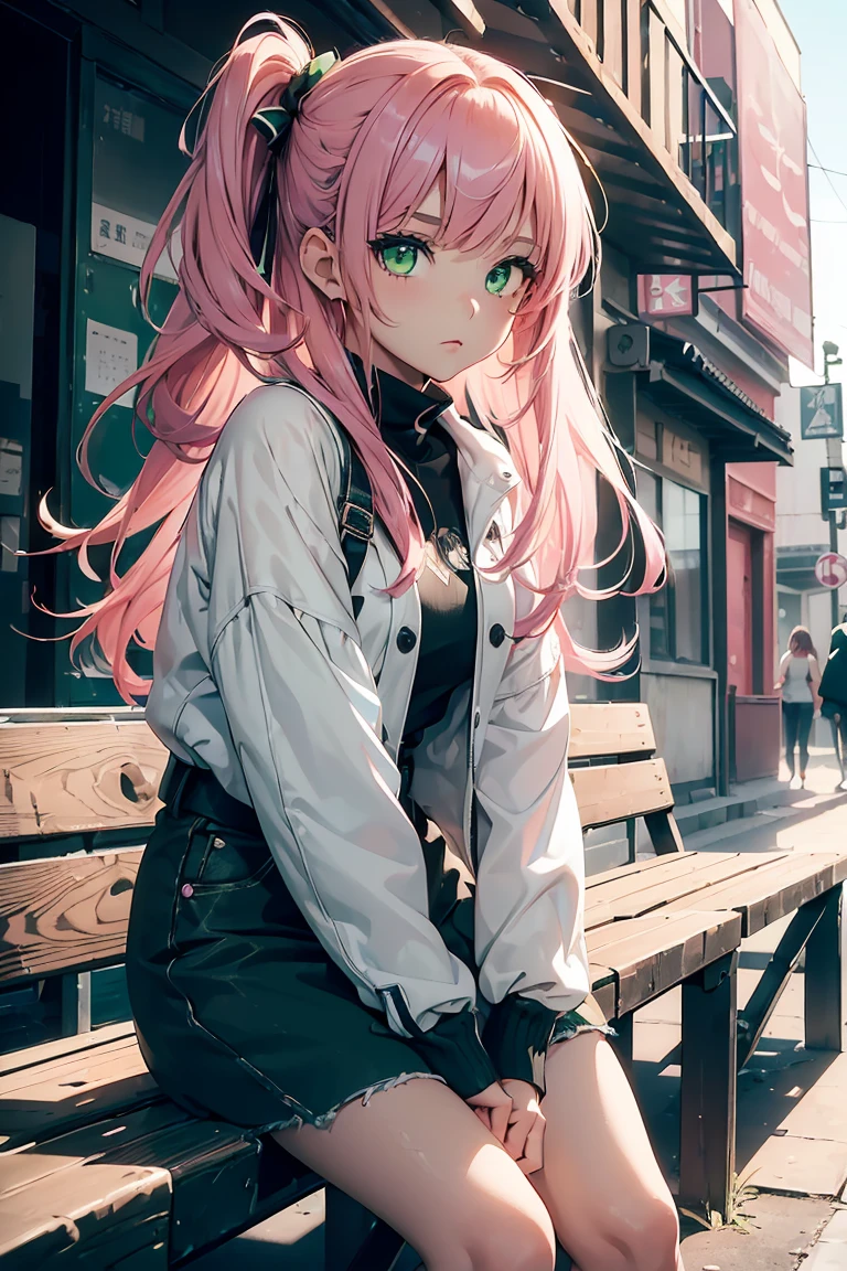 ((1 girl)), latest trend clothes, sit on a chair, Street fashion,cowboy shot,((Super detailed,highest quality, High resolution, 8k wallpaper, beautiful clothes,)),((pink hair, long hair,straight hair,two side up)), (green eyes),eye shadow, eyeliner,Glow eye, highly detailed eyes, complicated eyes, beautiful eyes, ((輝くgreen eyes)),18 year old girl