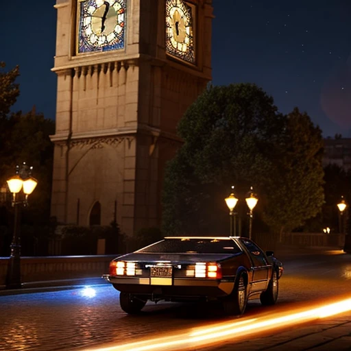 The Delorean speeds towards the clock tower. The tracks of the wheels are flames Time is midnight Run from the front to the back What you see is the back of the DeLorean The clock tower can be seen at the back of the screen. The Delorean is in the middle
