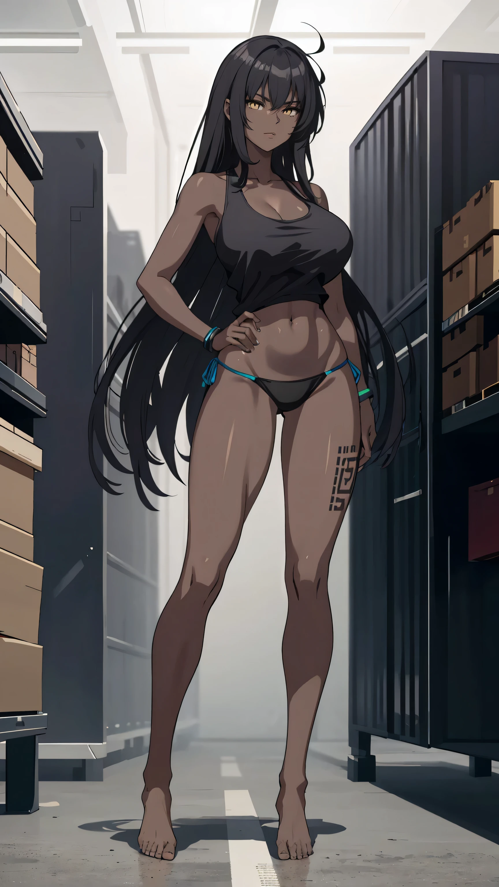Masterpiece, best quality, high resolution, 1 woman, black skin , long black hair , black tank top , bikini , abdomen , big breasts, Long legs , Barefoot , Stand with feet hips. , harbor , warehouse