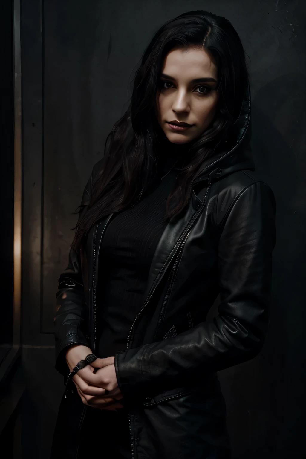 arafed woman in a black leather jacket and hoodie posing for a picture, seductive cyberpunk dark fantasy, dark fantasy female magician, beautiful witch spooky female, portrait of a dark witch, beautiful witch female, beautiful female vampire, beautiful scary female vampire, beautiful female sorceress, beautiful female witch, beautiful sorceress female, portrait of a sorceress