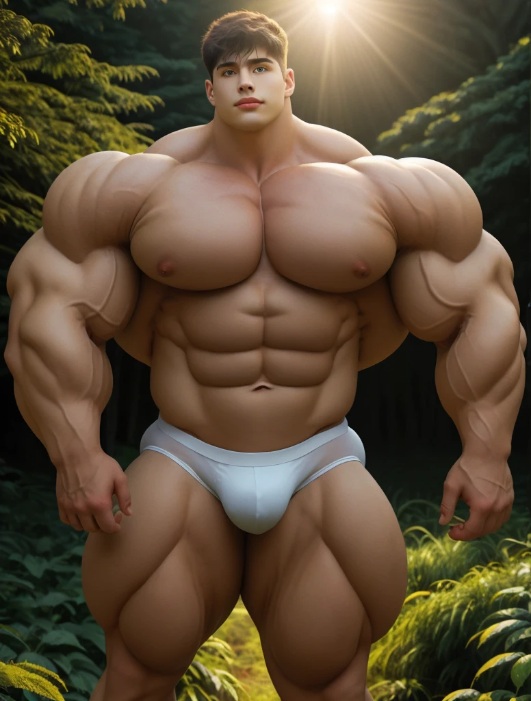 1boy, giant, model shoot style, looking at viewer, standing, illuminating light, golden hour, outdoor, strong body, bulk, large size, standing, in the forest, white triangular underwear, prominent bulge, brutalmass