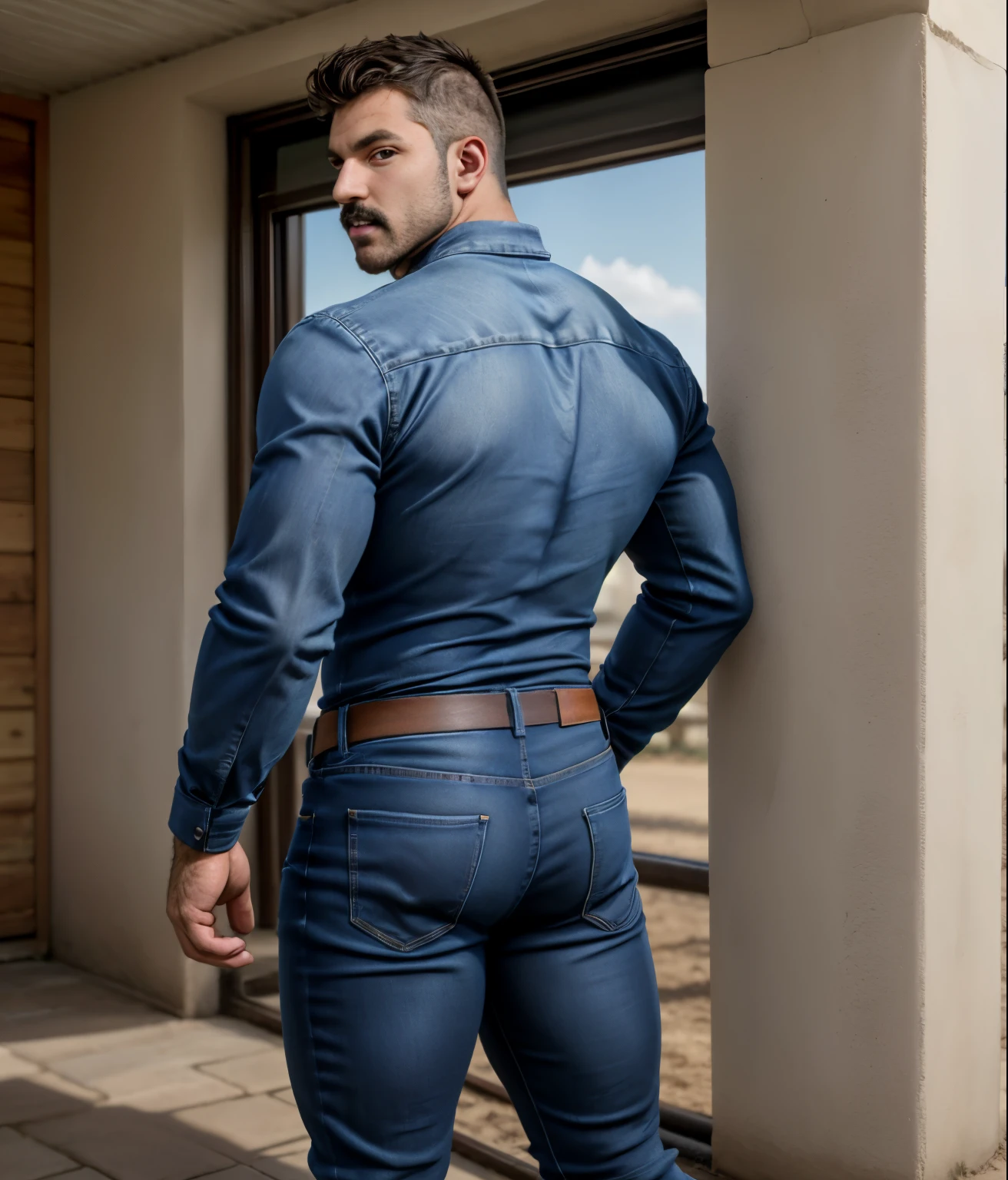 1male, vaqueros, musculoso,  rostro, realista, foto, real foto, jeans, full body, backside