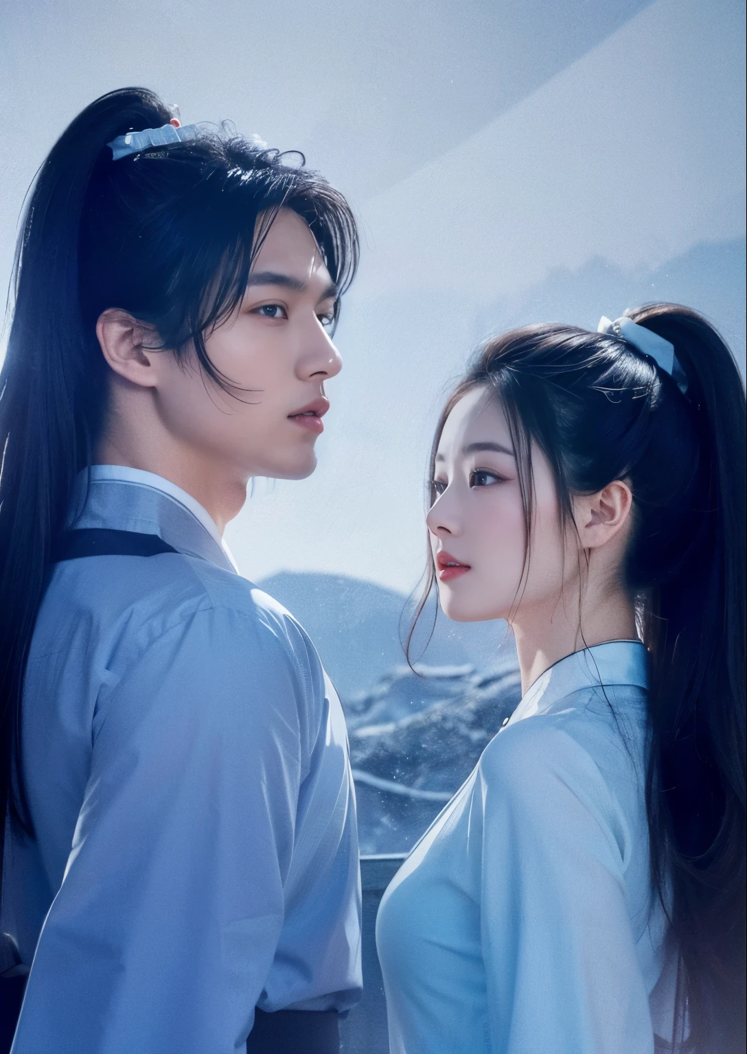 ultra high res,photo,4k,absurdres,(incredible absurdity),((masterpiece,best quality)),(wallpaper),(8k hd),The Return of the Condor Heroes, (1 man and 1 girl:1.5),fantasy background,poster film,master kungfu,Xiao Long Nu,The girl was dressed in a white silk gown,Her skin is as pure and white as freshly fallen snow,Yang Guo having a striking and handsome appearance,wears traditional martial arts attire,including a black robe with intricate embroidery,Chinese old traditional culture,chinese martial arts